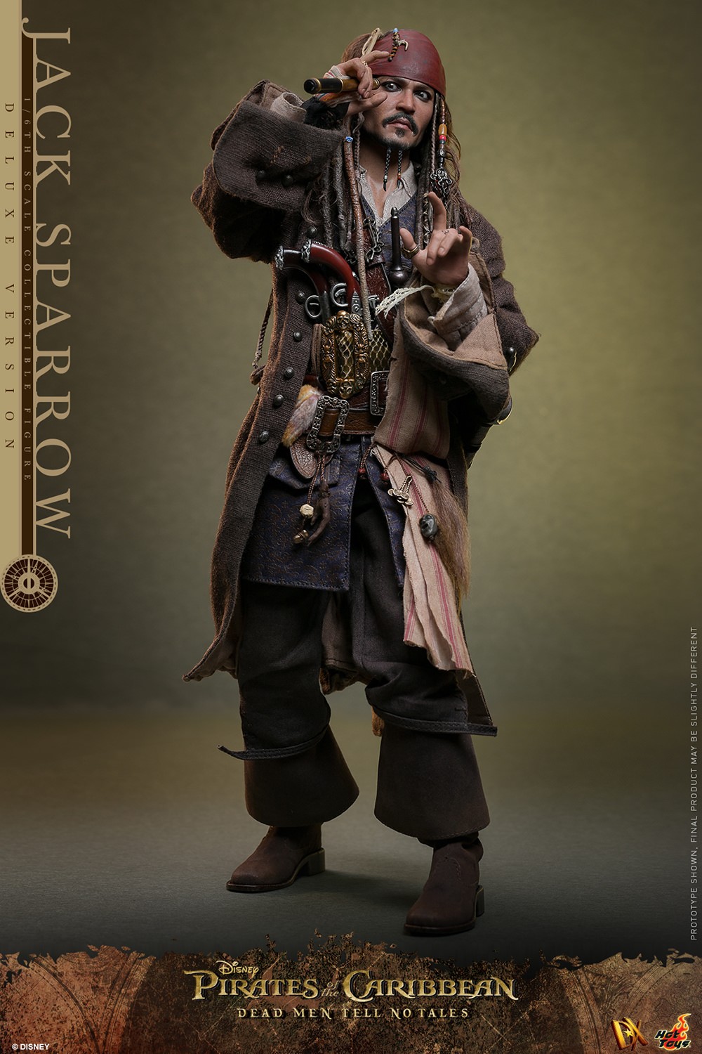 Full body shot of Jack Sparrow (Deluxe Version) in classic attire and red bandana, looking through a tube telescope with his right hand and left hand up in an iconic pointing gesture. (Prototype Shown) View 13