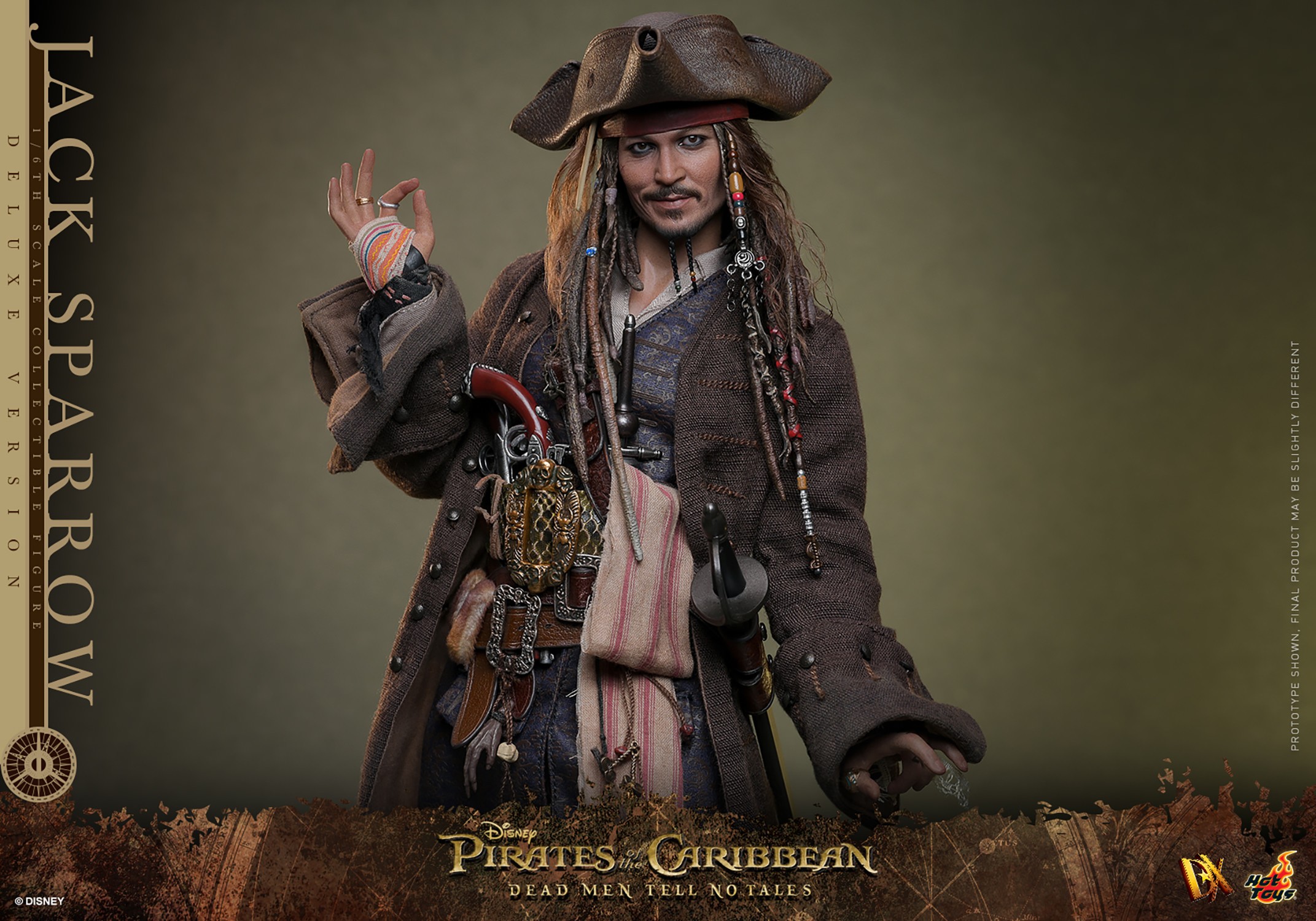 Knee high shot of Jack Sparrow (Deluxe Version) with his hat on, slightly leaning backward, and making one of his iconic hand gestures with his right hand. (Prototype Shown) View 16