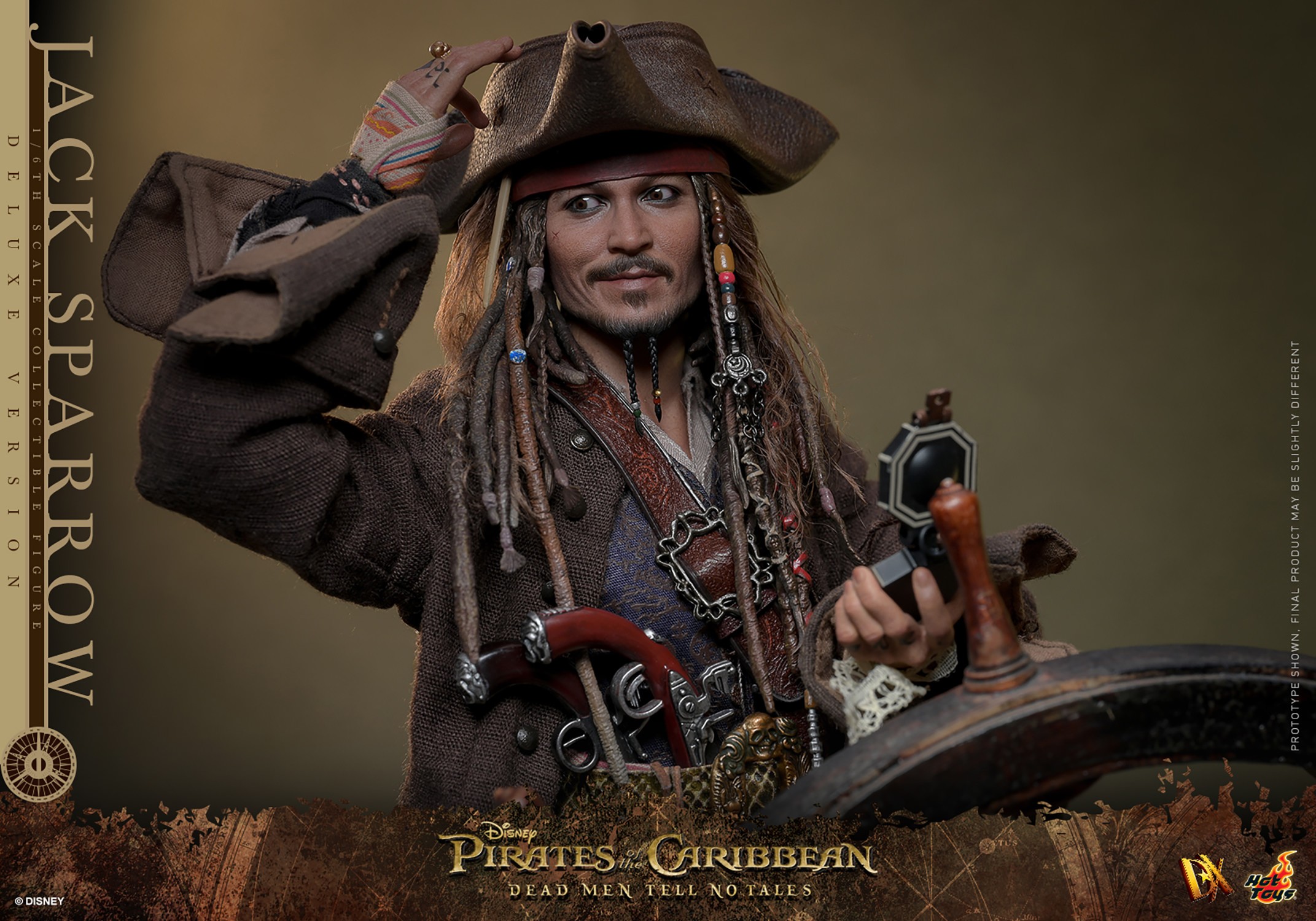 Half body shot of Jack Sparrow (Deluxe Version) with his hat on, body slightly leaning back and away from the viewer, right hand up pointing, left hand gesturing, and a smirk on his face. (Prototype Shown) View 4