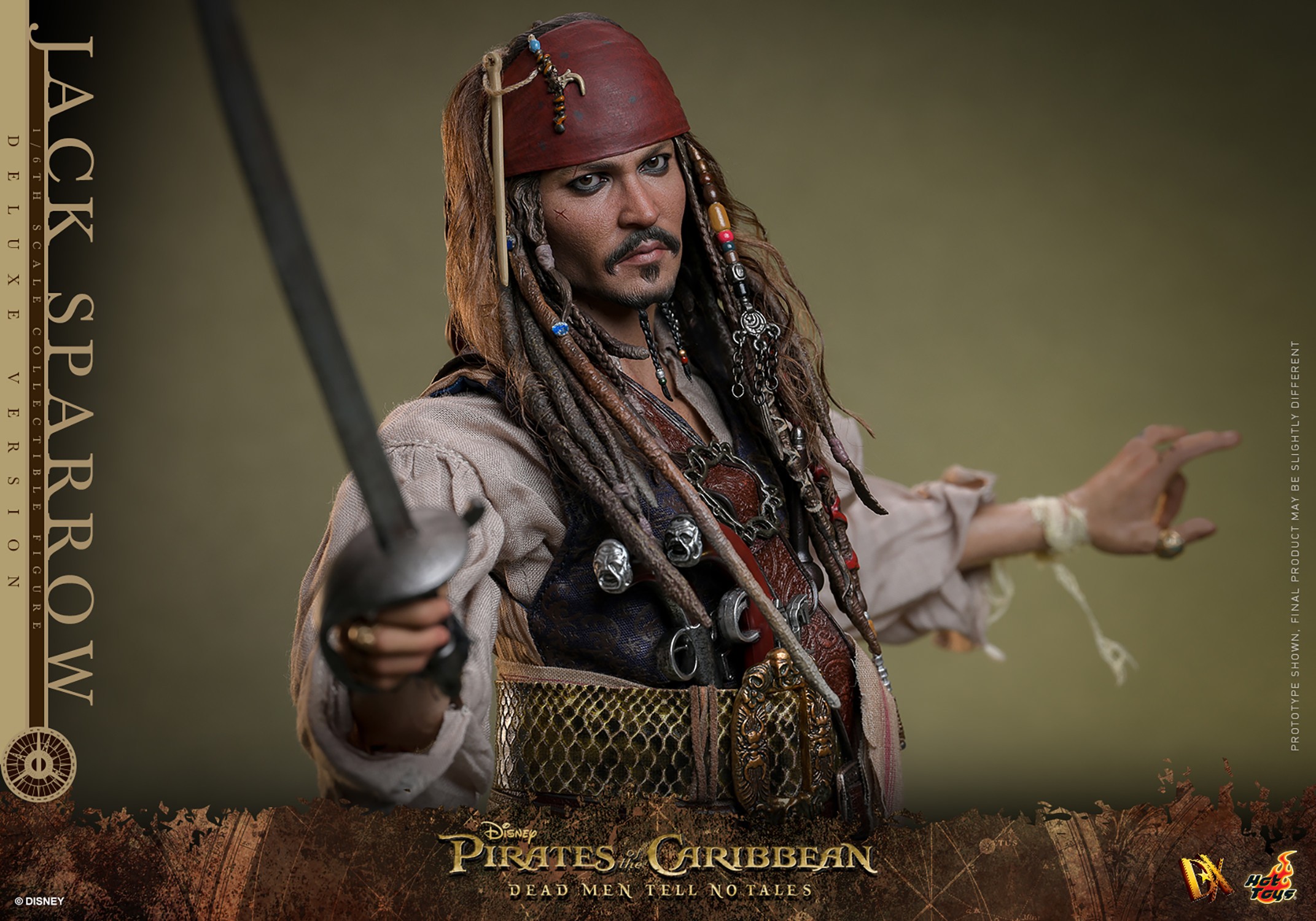 Half body shot of Jack Sparrow (Deluxe Version) standing without his coat, left hand gestured out, and holding a sword in his right hand. (Prototype Shown) View 17