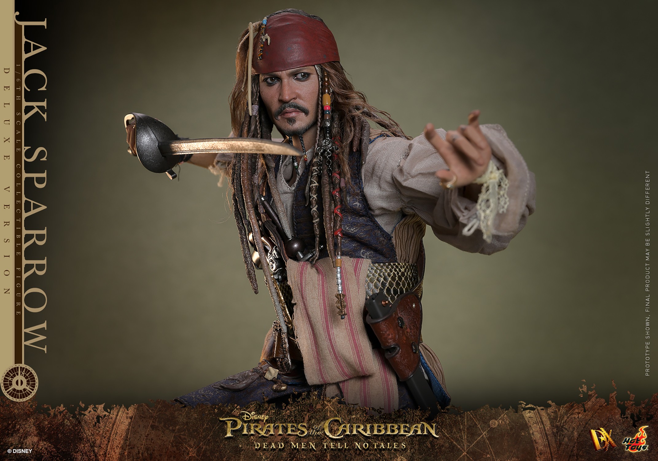 Half body shot of Jack Sparrow (Deluxe Version) standing on a display base, with his right foot perched up, pointing his sword forward, and gesturing with his left hand. (Prototype Shown) View 18