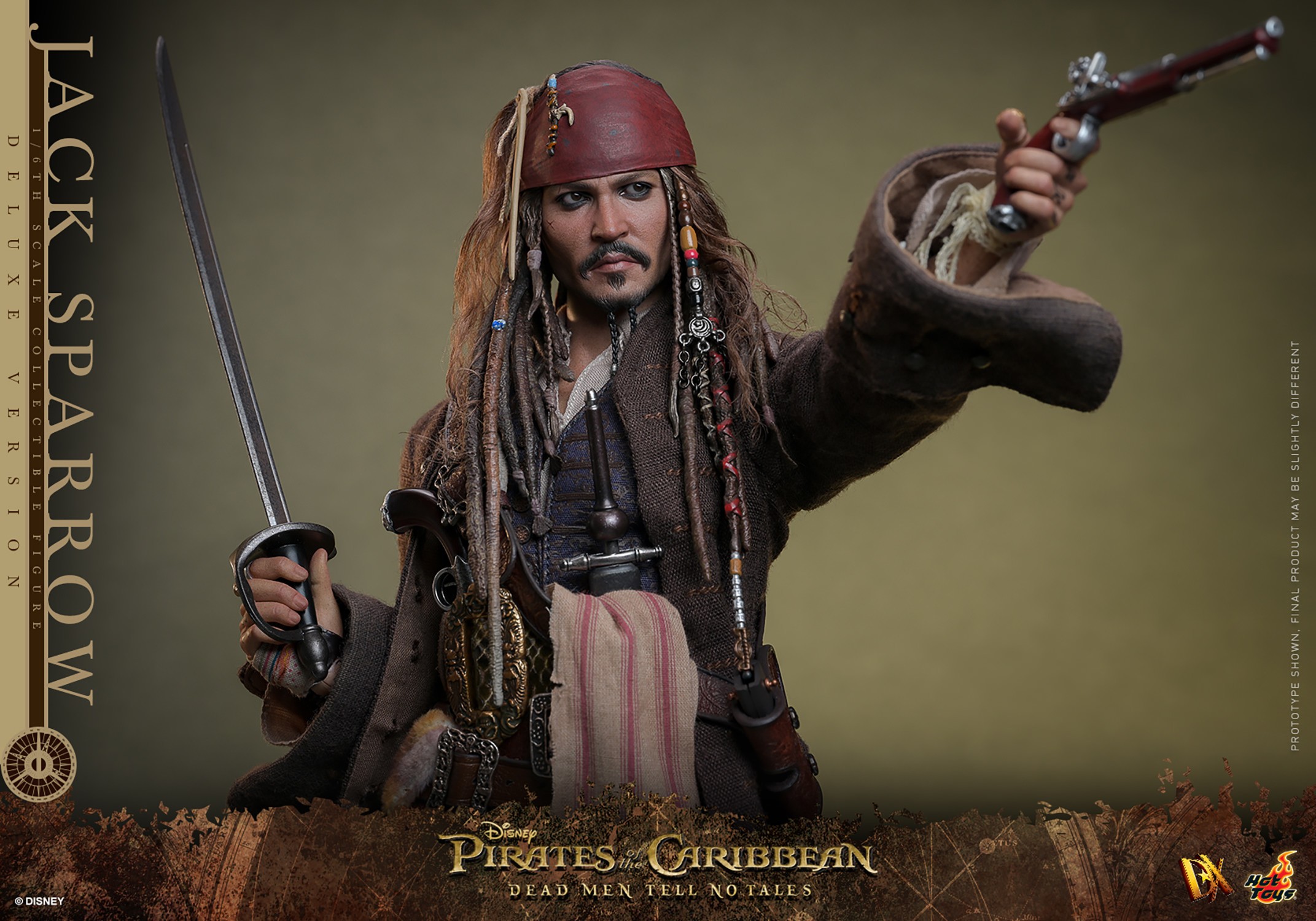 Half body shot of Jack Sparrow (Deluxe Version) pointing a gun with his left hand and holding a sword in his right hand. (Prototype Shown) View 19