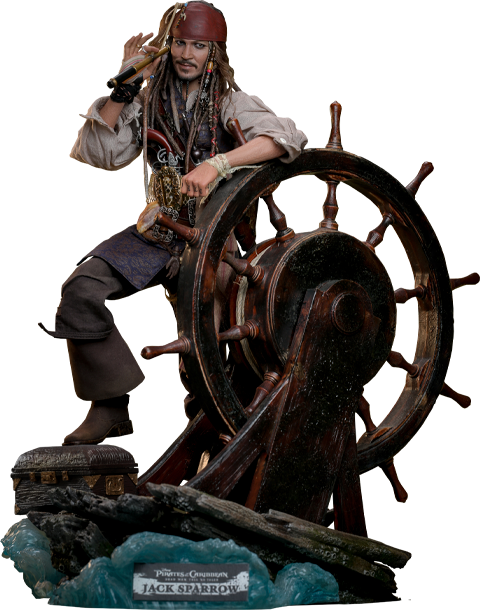 Full-body shot of Jack Sparrow (Deluxe Version) posed on a segment of the Black Pearl with a treasure chest, holding a tube scope in his right hand and resting his left arm on the ship's steering wheel. (Prototype Shown) View 22