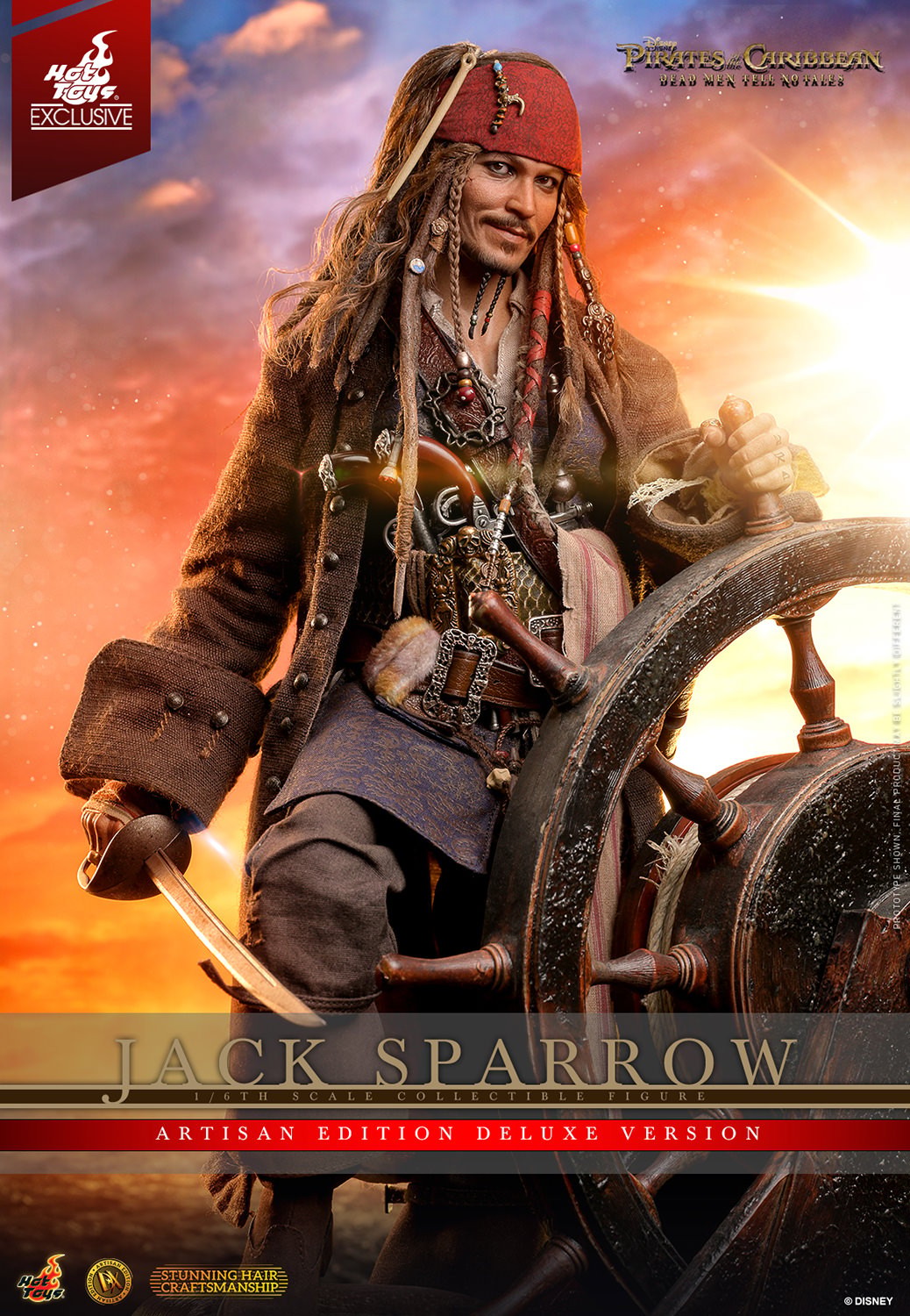 Full-body shot of Jack Sparrow smirking against a sunset background, holding a sword in his right hand. (Prototype Shown) View 1