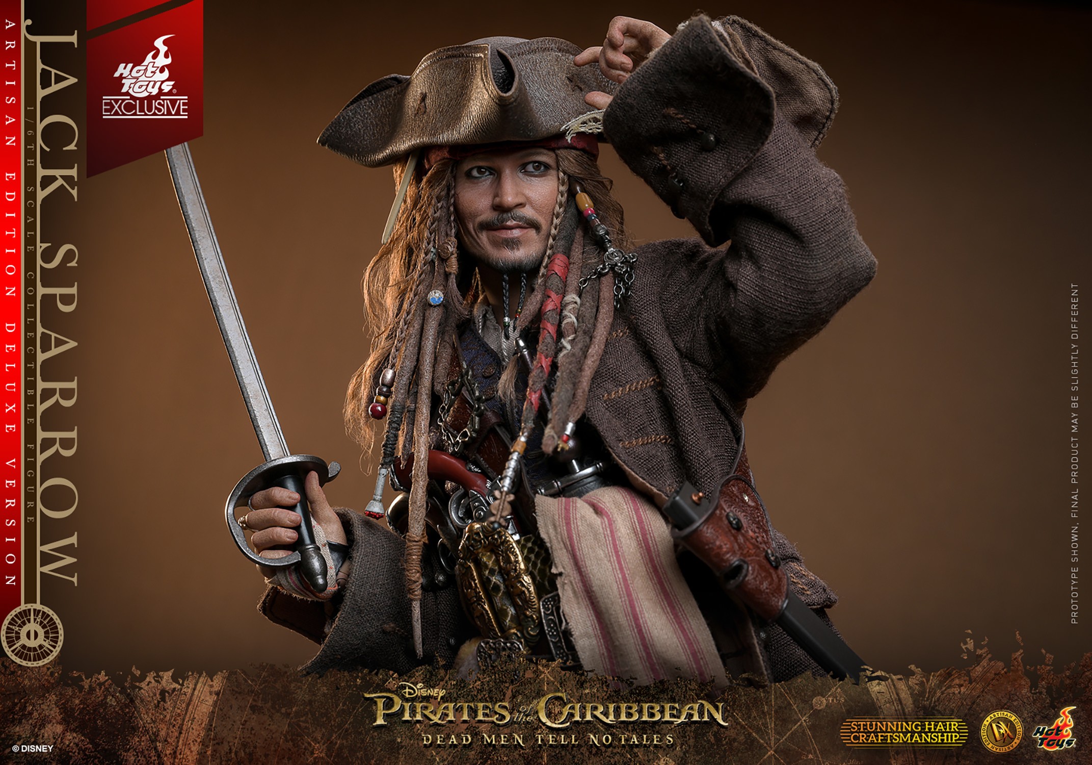 Half-body shot of Jack Sparrow holding a sword in his right hand and tipping his hat with his left, while slightly grinning. (Prototype Shown) View 5