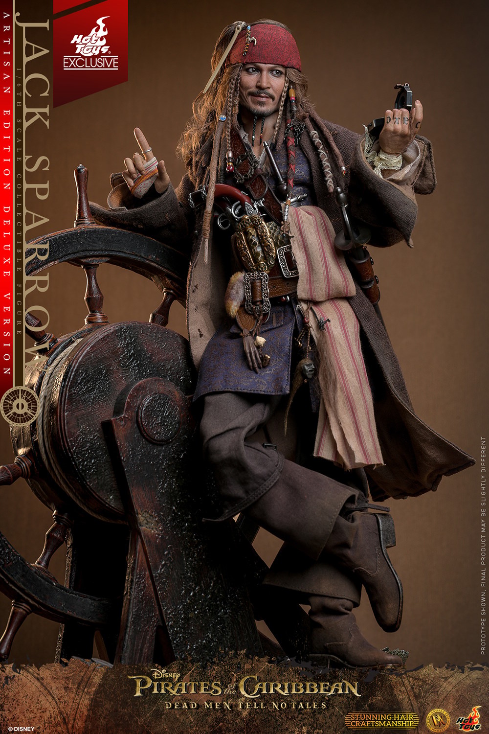 Full body shot of Jack Sparrow leaning against the ship's wheel, gesturing with his right hand and holding a compass in his left. (Prototype Shown) View 6