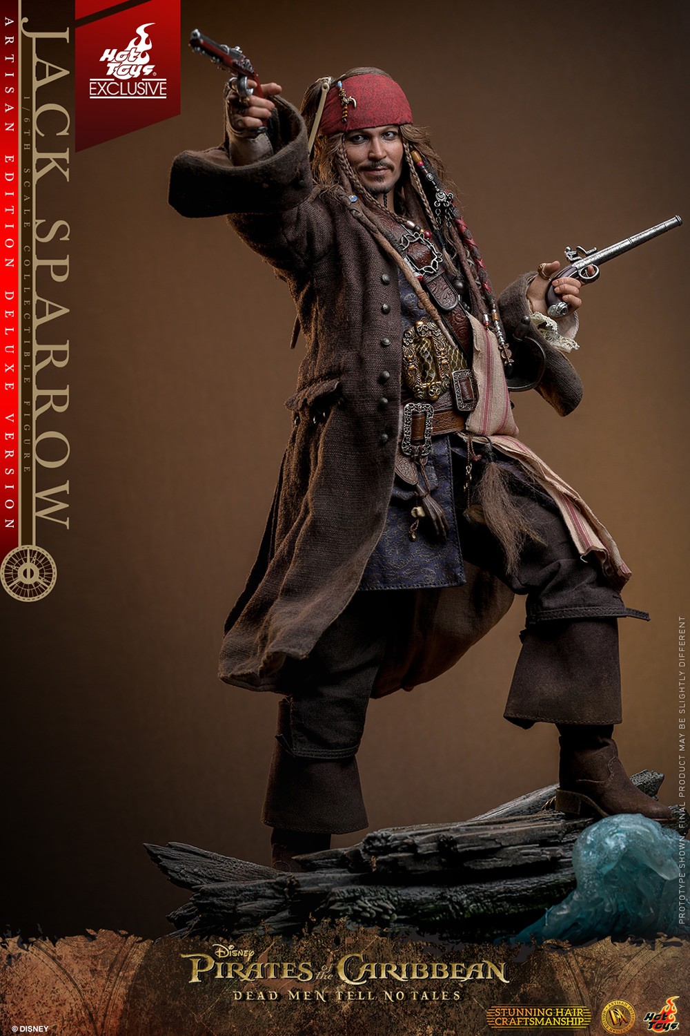 Full body shot of Jack Sparrow on base, left leg perched up, holding a pistol in his right hand and another in his left by his stomach. (Prototype Shown) View 8