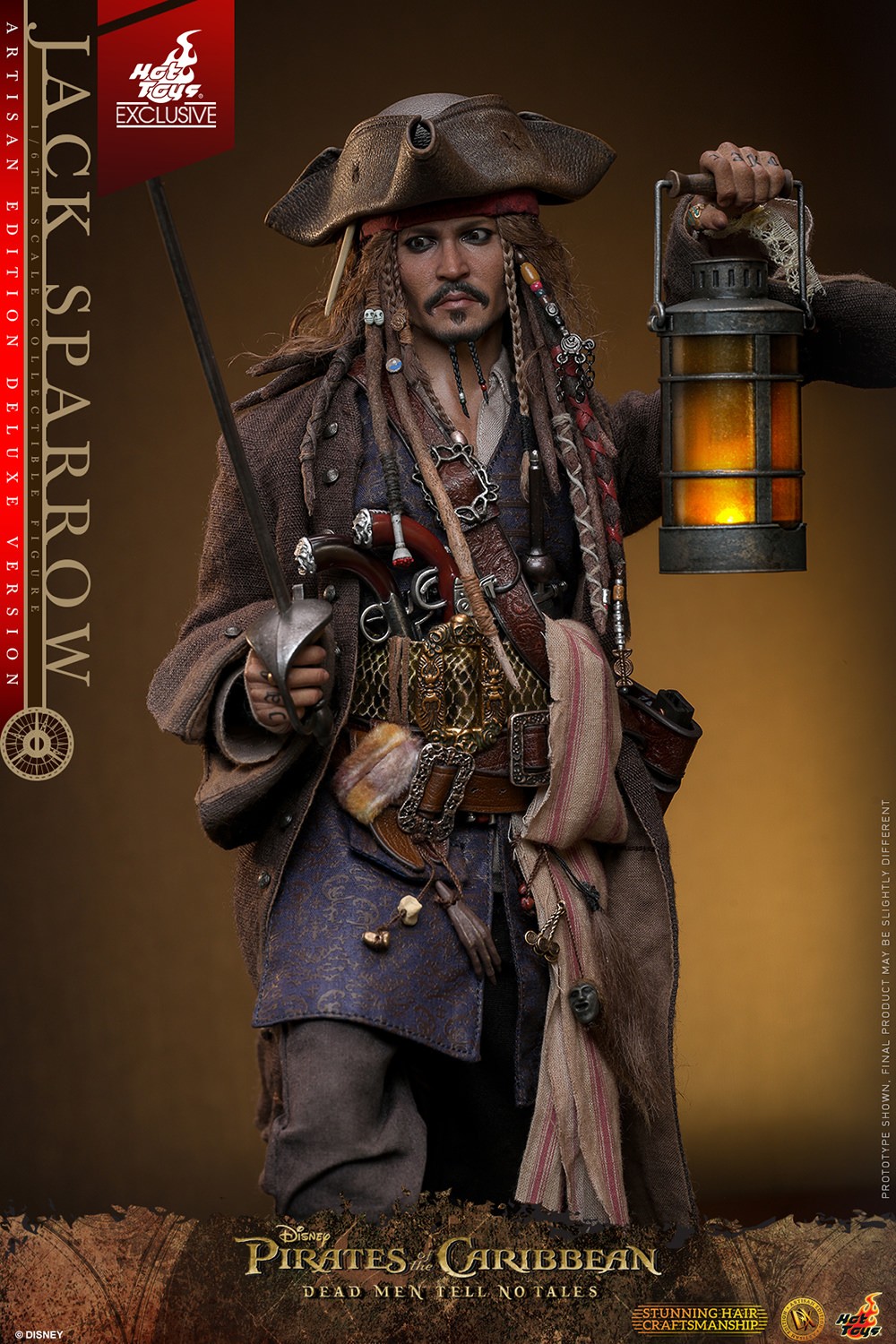 Half body shot of Jack Sparrow looking into the distance, holding a sword by his stomach and a lantern in his left hand. (Prototype Shown) View 9
