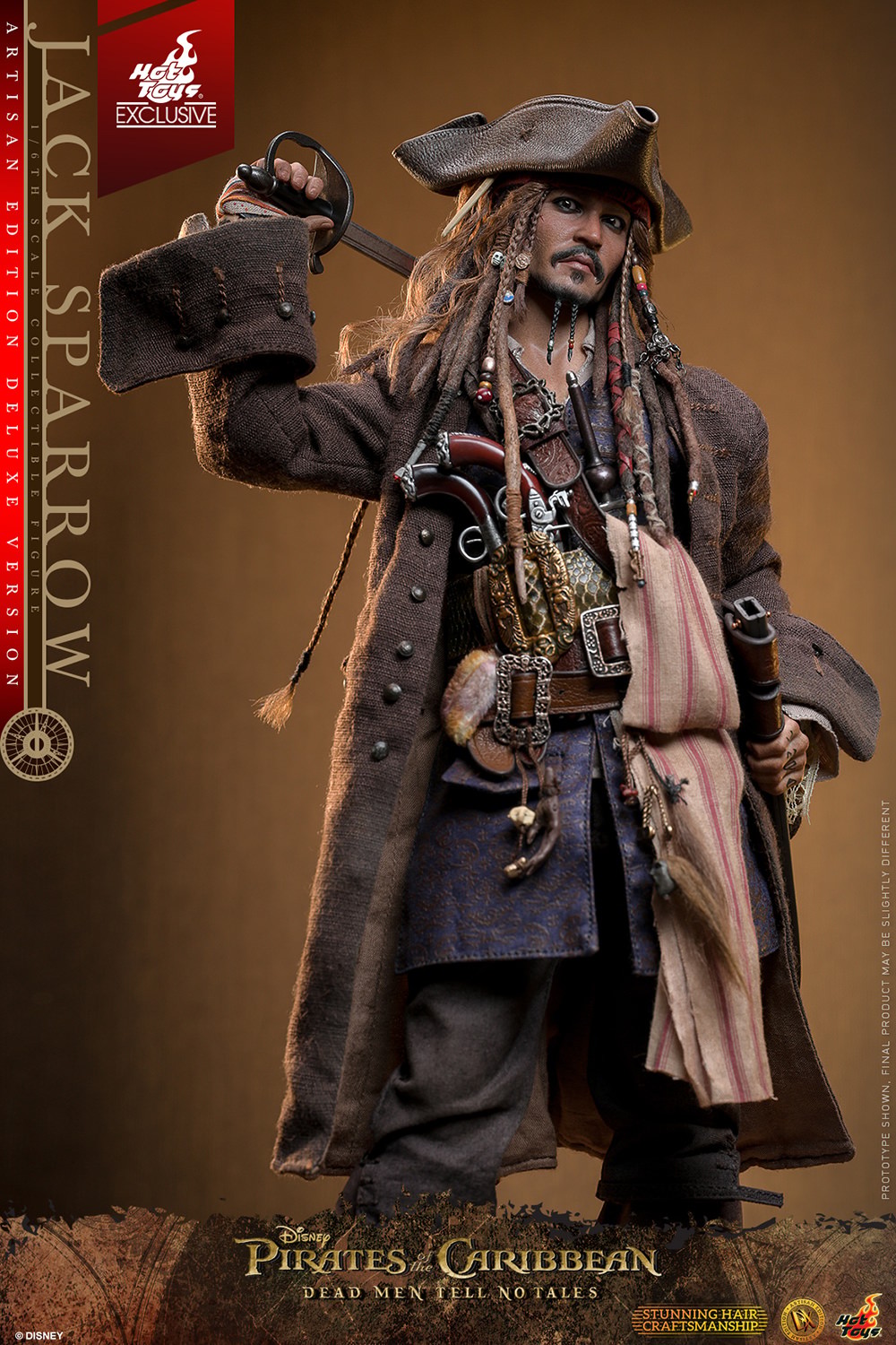 Knee-high shot of Jack Sparrow with head tilted, looking up with a serious expression, and resting a sword on his right shoulder. (Prototype Shown) View 10