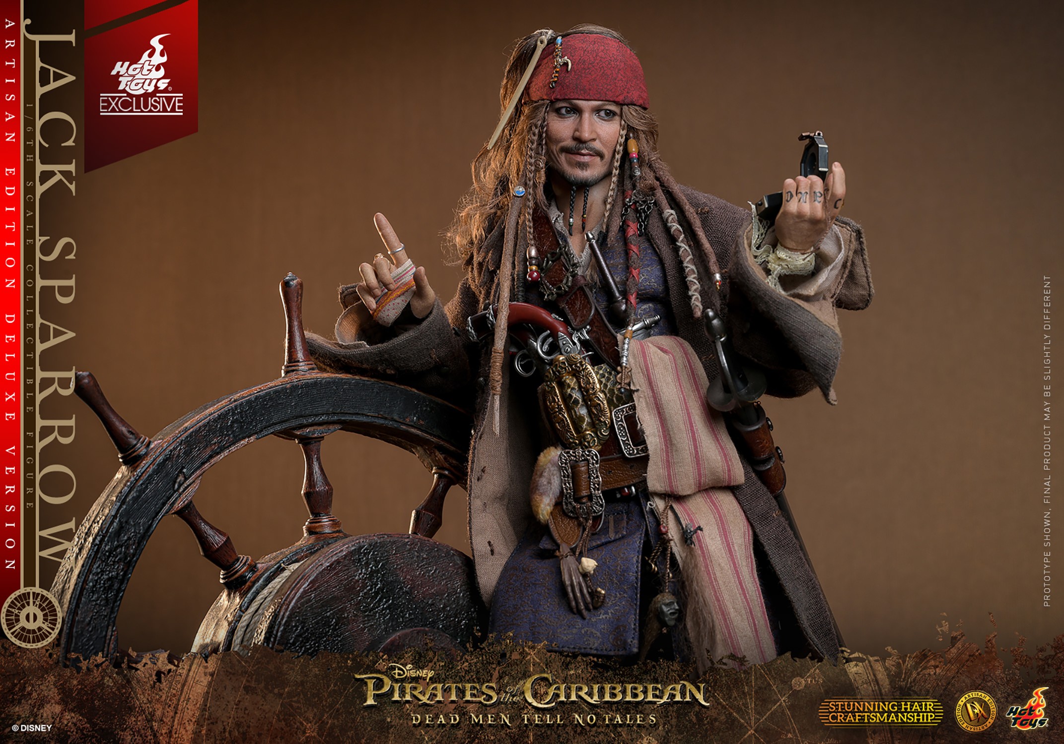 Half body shot of Jack Sparrow leaning against a steering wheel, pointing up with his right hand, holding a compass in his left hand, and grinning. (Prototype Shown) View 12