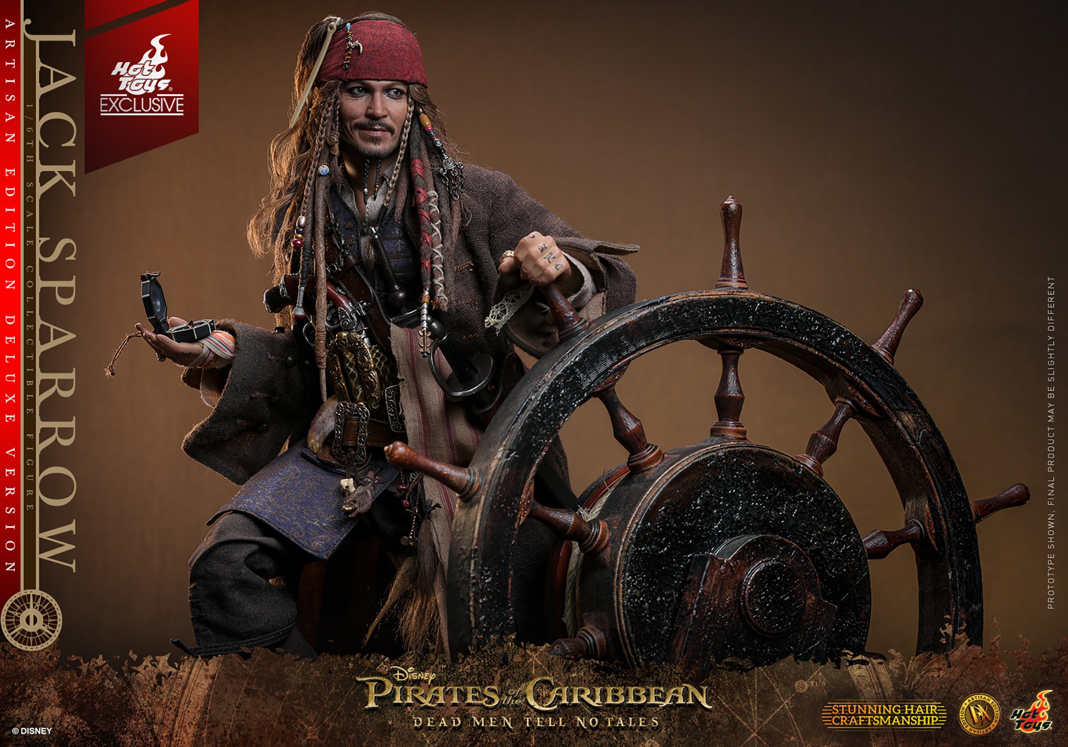 Knee-high shot of Jack Sparrow looking to the left and grinning, holding a compass in his right hand and gripping the steering wheel with his left hand. (Prototype Shown) View 13