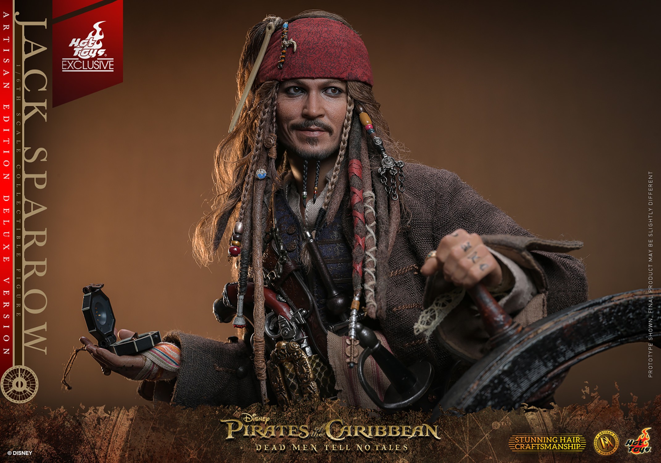 Half-body shot of Jack Sparrow looking to his left, holding a compass in his right hand and gripping the steering wheel with his left hand. (Prototype Shown) View 14