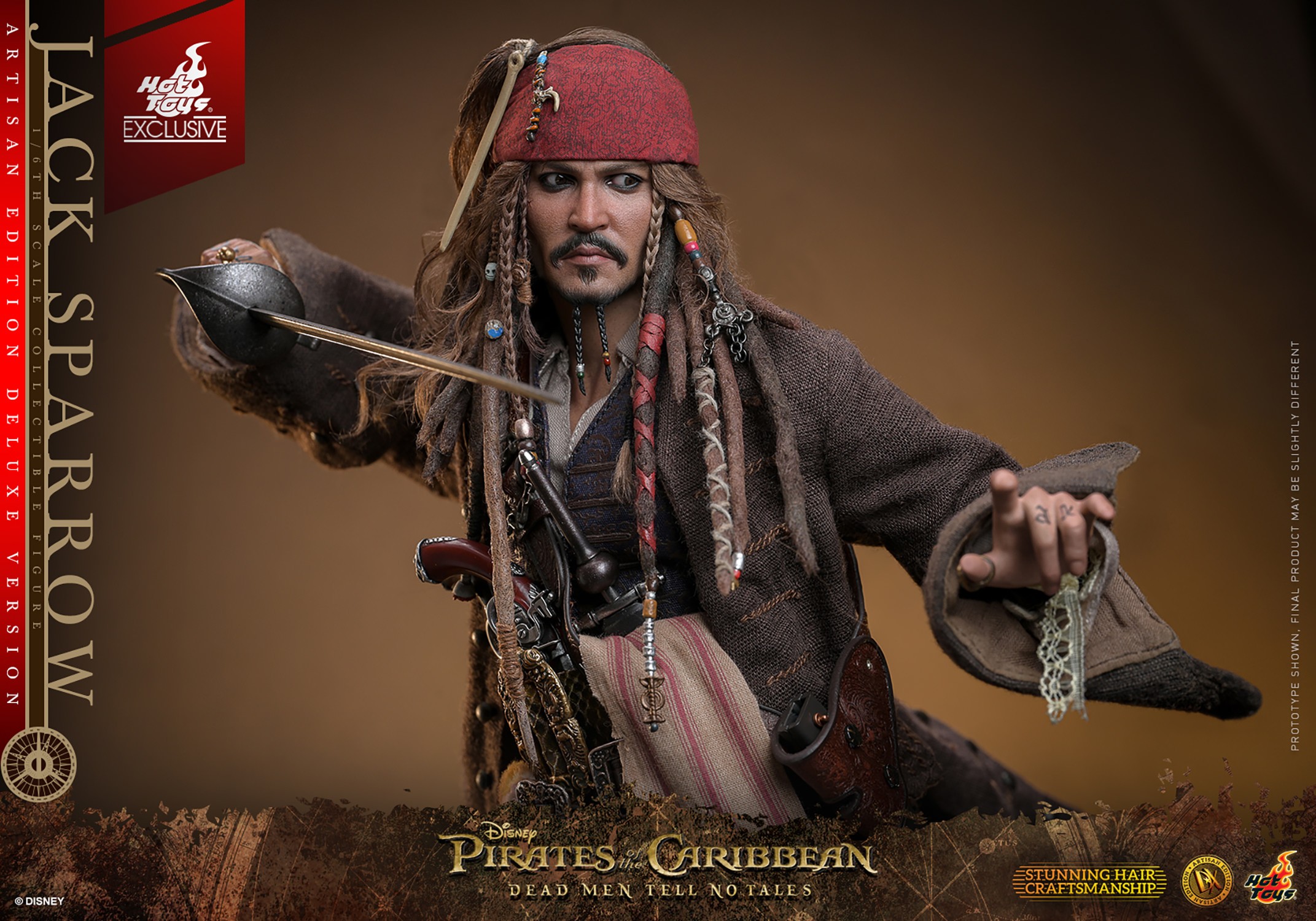 Half-body shot of Jack Sparrow slightly leaning back, holding a knife in his right hand, gesturing with his left hand, wearing a red bandana and displaying and serious face. (Prototype Shown) View 16
