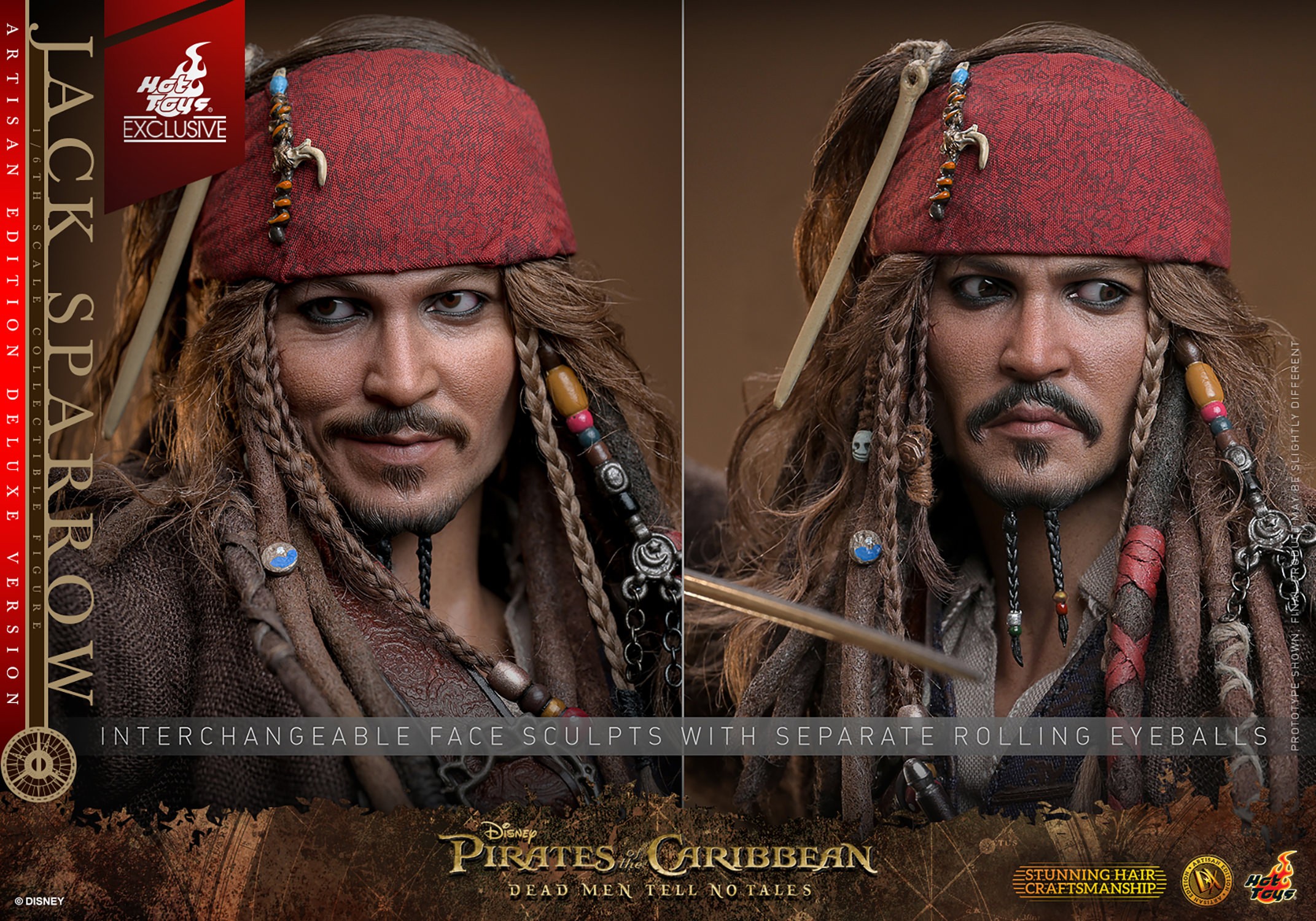 Two face portraits of Jack Sparrow showcasing interchangeable face sculpts with rolling eyeballs: one with a grinning, smirking expression and the other with a serious demeanor. (Prototype Shown) View 19