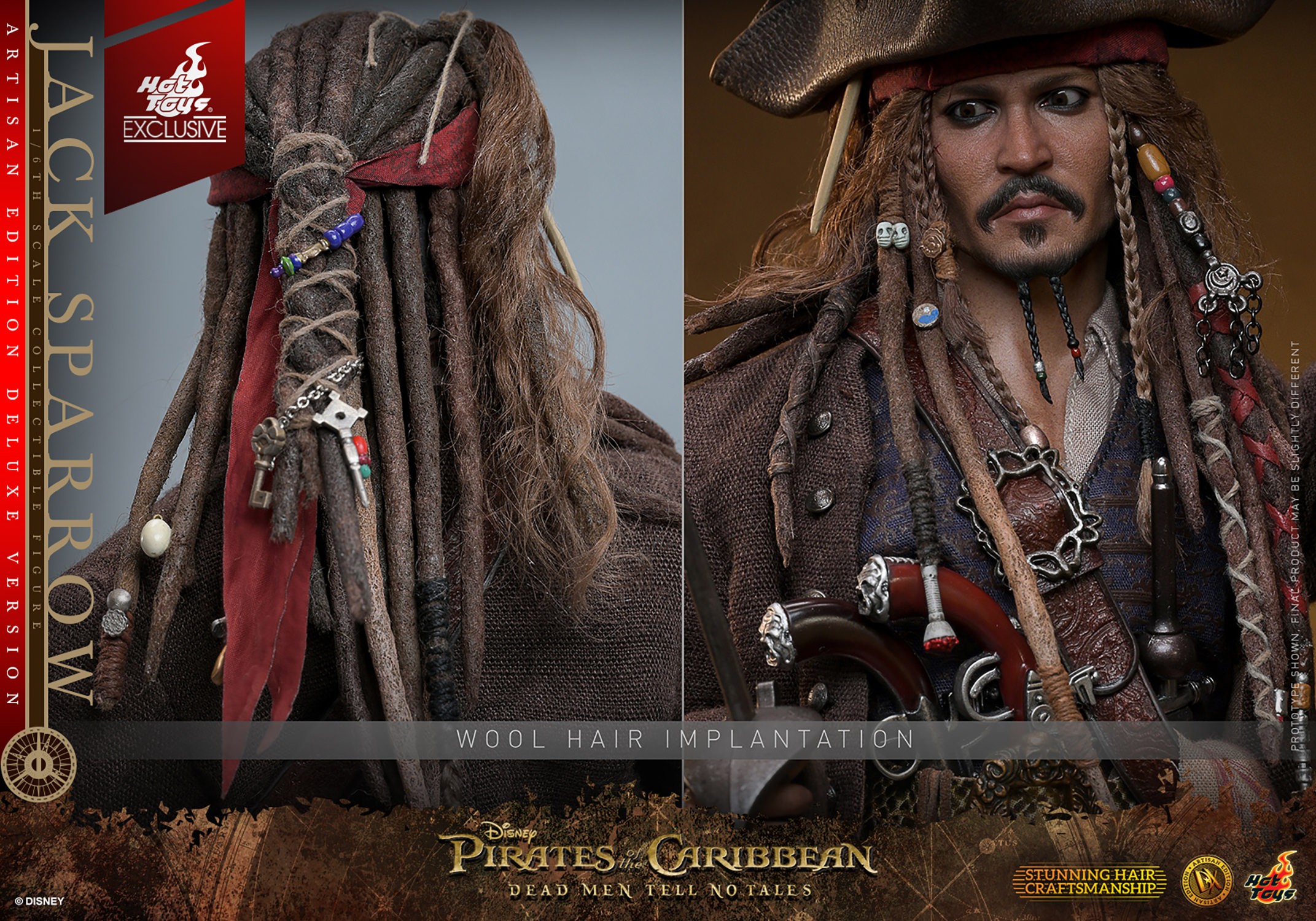 Front and back portraits of Jack Sparrow highlighting the detailed wool hair implantation. (Prototype Shown) View 20