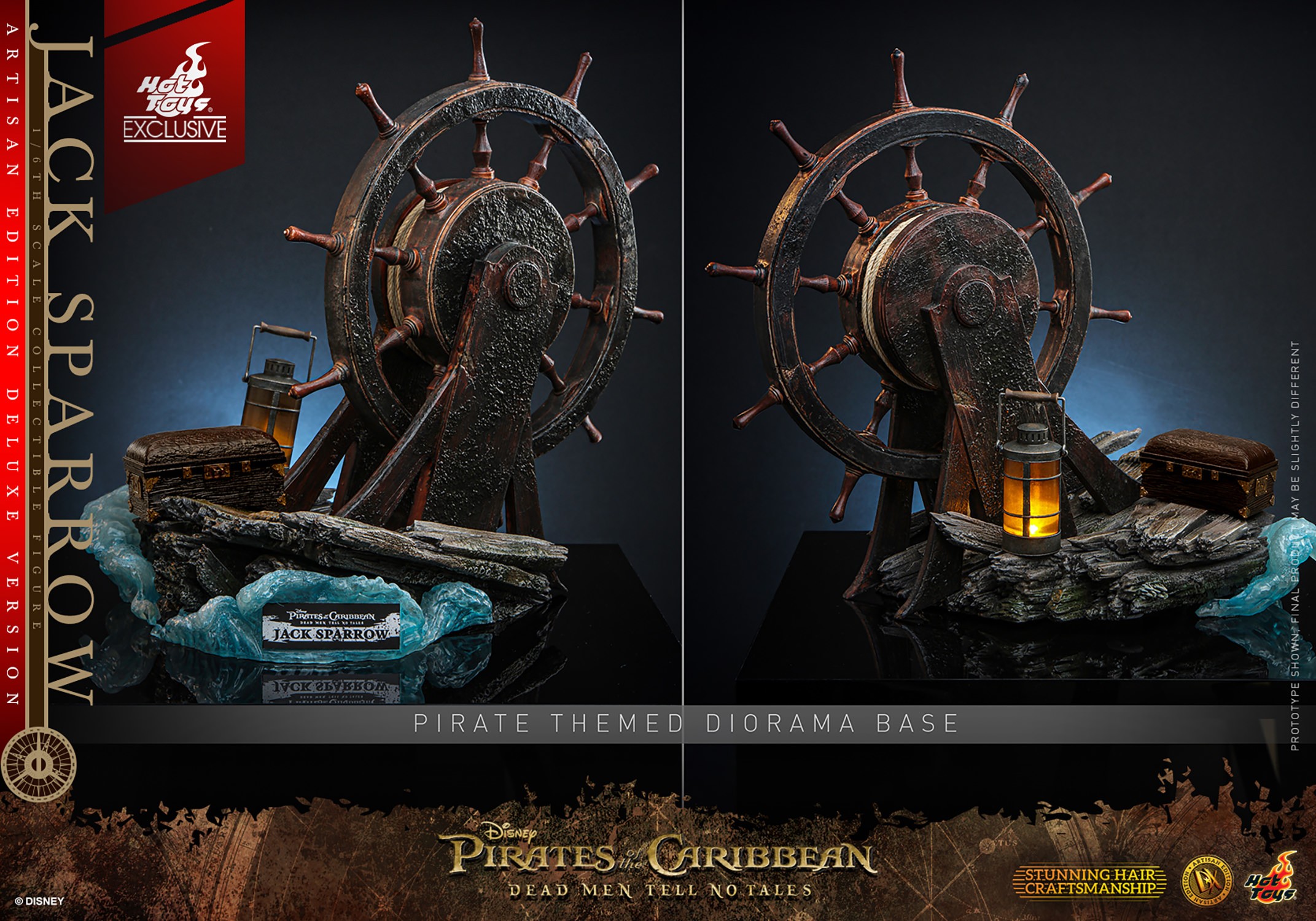 Two portraits showcasing the front and back of the detailed diorama base, designed to replicate a segment of the Black Pearl and a treasure chest. (Prototype Shown) View 21