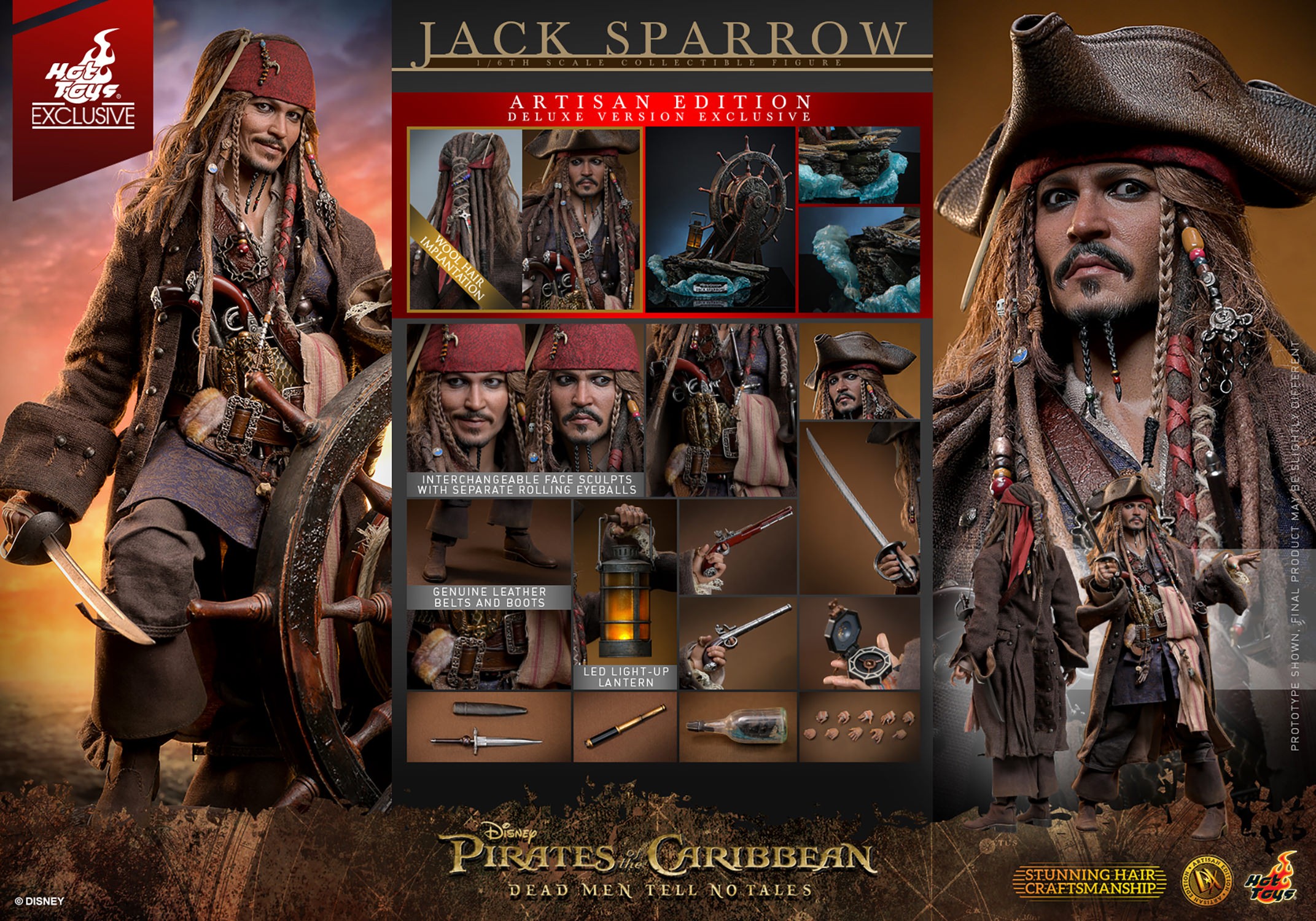 Multiple portraits of Jack Sparrow showcasing various expressions and headsculpts, along with details of the contents included in the box. (Prototype Shown) View 23
