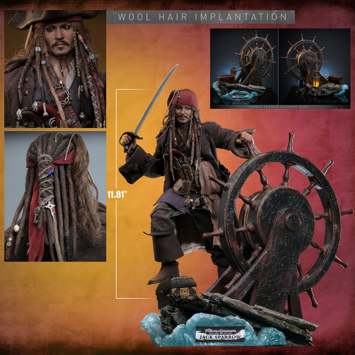 Full body shot of Jack Sparrow highlighting the figure's scale, with additional portraits showcasing the contents of the box, including interchangeable heads and accessories. (Prototype Shown) View 2