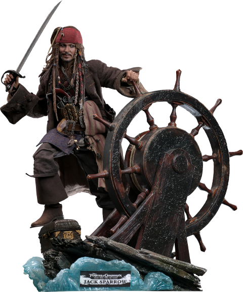 Full-body shot of Jack Sparrow posed on a segment of the Black Pearl with a treasure chest, holding a sword in his right hand and holding onto the ship's steering wheel. (Prototype Shown) View 24