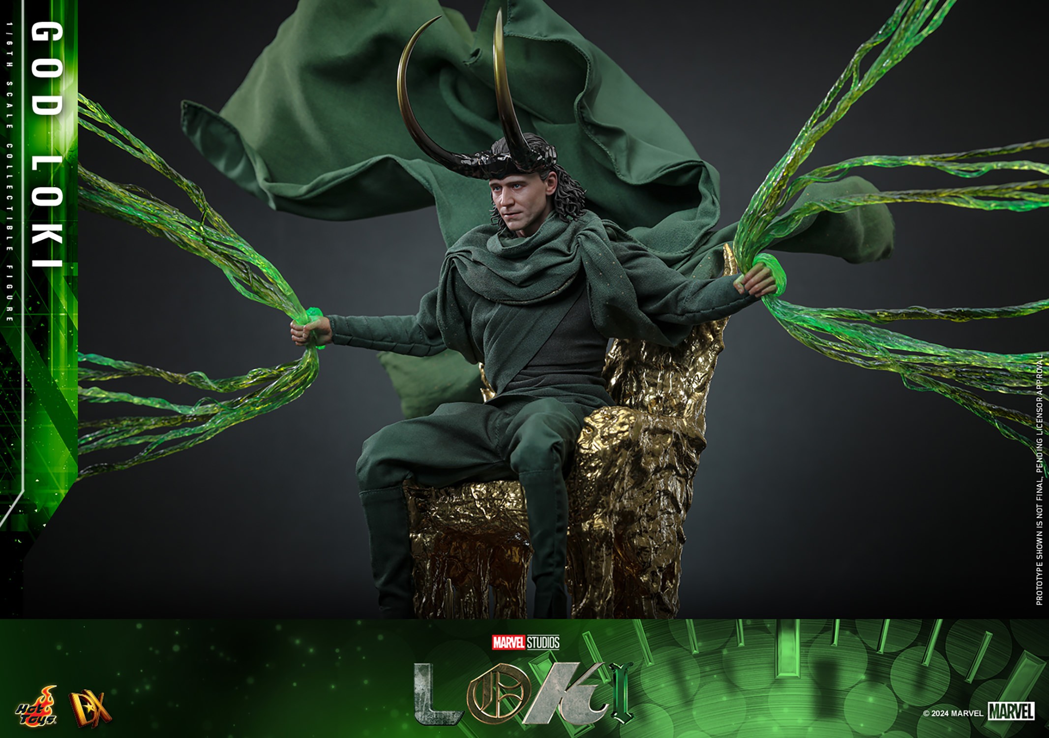 God Loki sitting on a gold throne, wearing his horned helmet and green cloak, with timeline effects and translucent accents, showing a menacing expression. Collector Edition (Prototype Shown) View 4