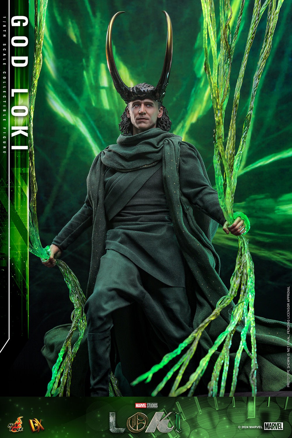 God Loki at a lower angle stepping forward with right foot, wearing classic attire and horned helmet, holding timeline effects in hand. Collector Edition (Prototype Shown) View 10