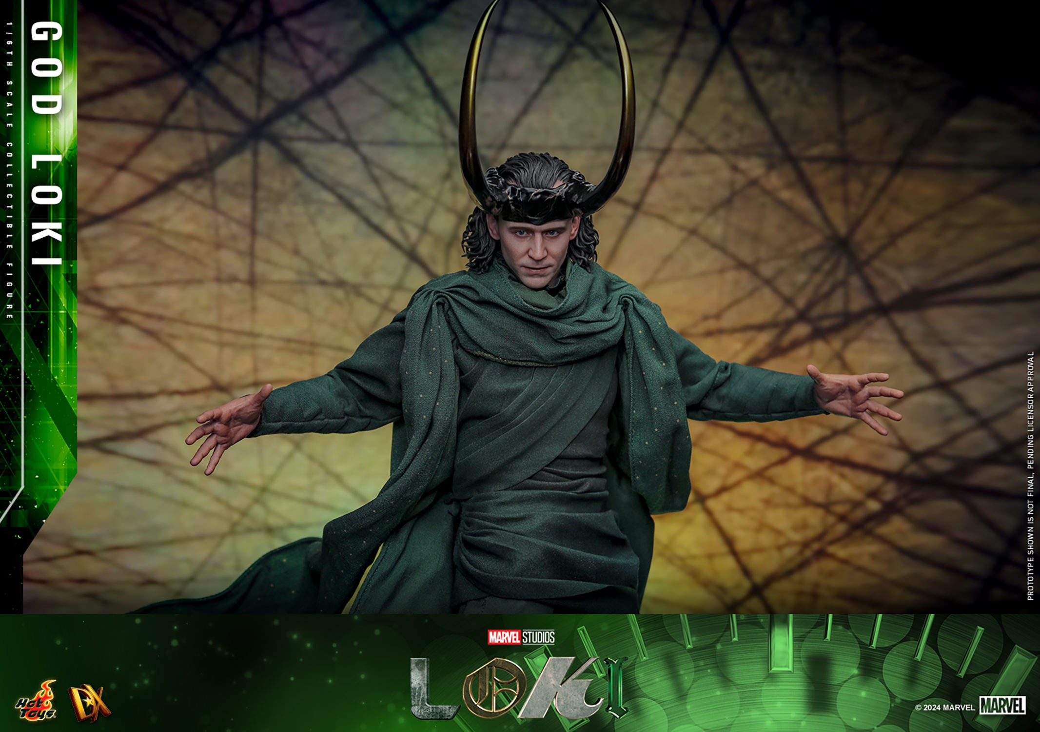 Half-body shot of God Loki wearing his horned helmet, arms spread apart, and displaying a menacing expression. Collector Edition (Prototype Shown) View 16