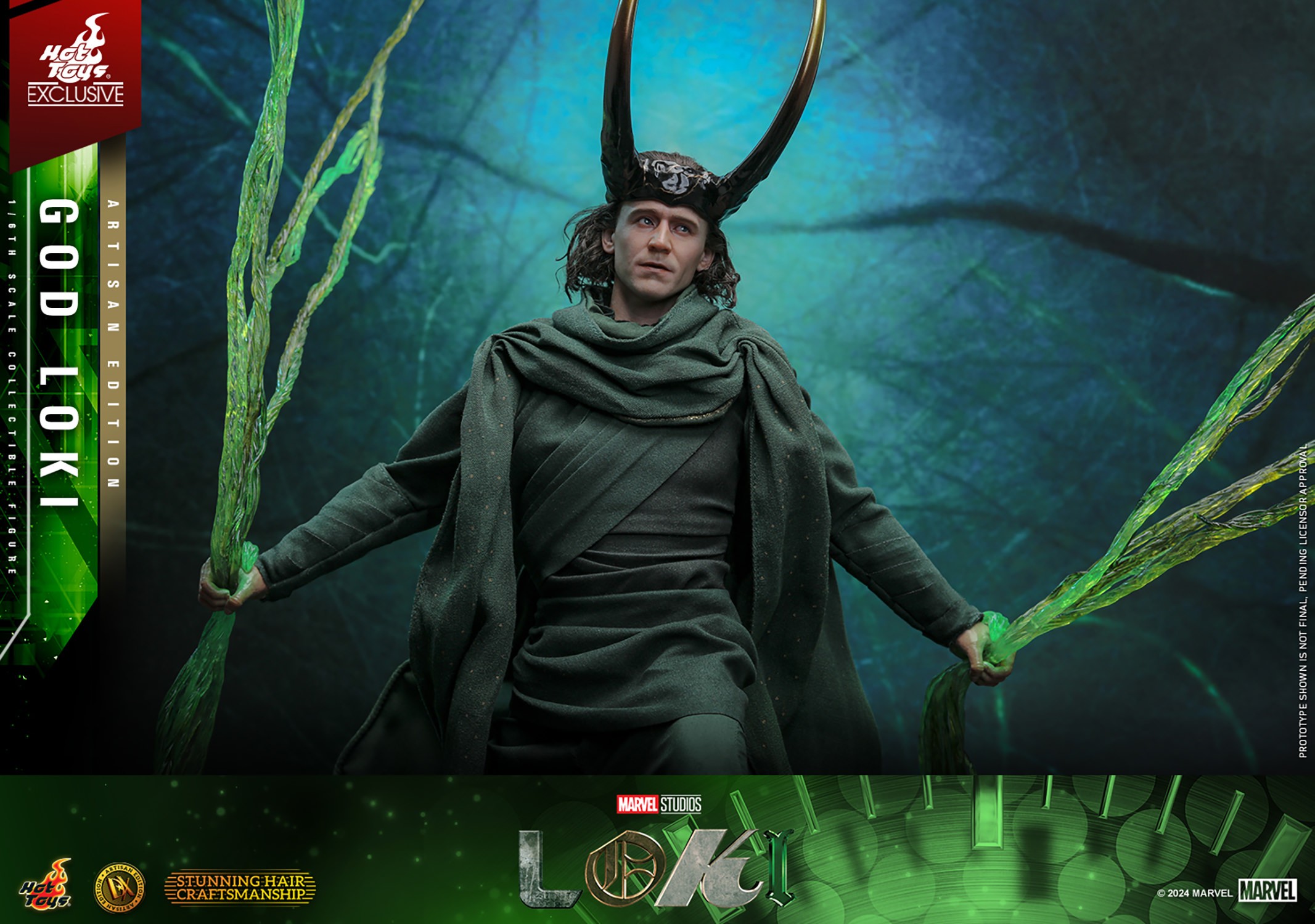 Low-angle shot of God Loki in classic attire and horned helmet, holding timeline effects with a powerful stance. (Prototype Shown) View 3