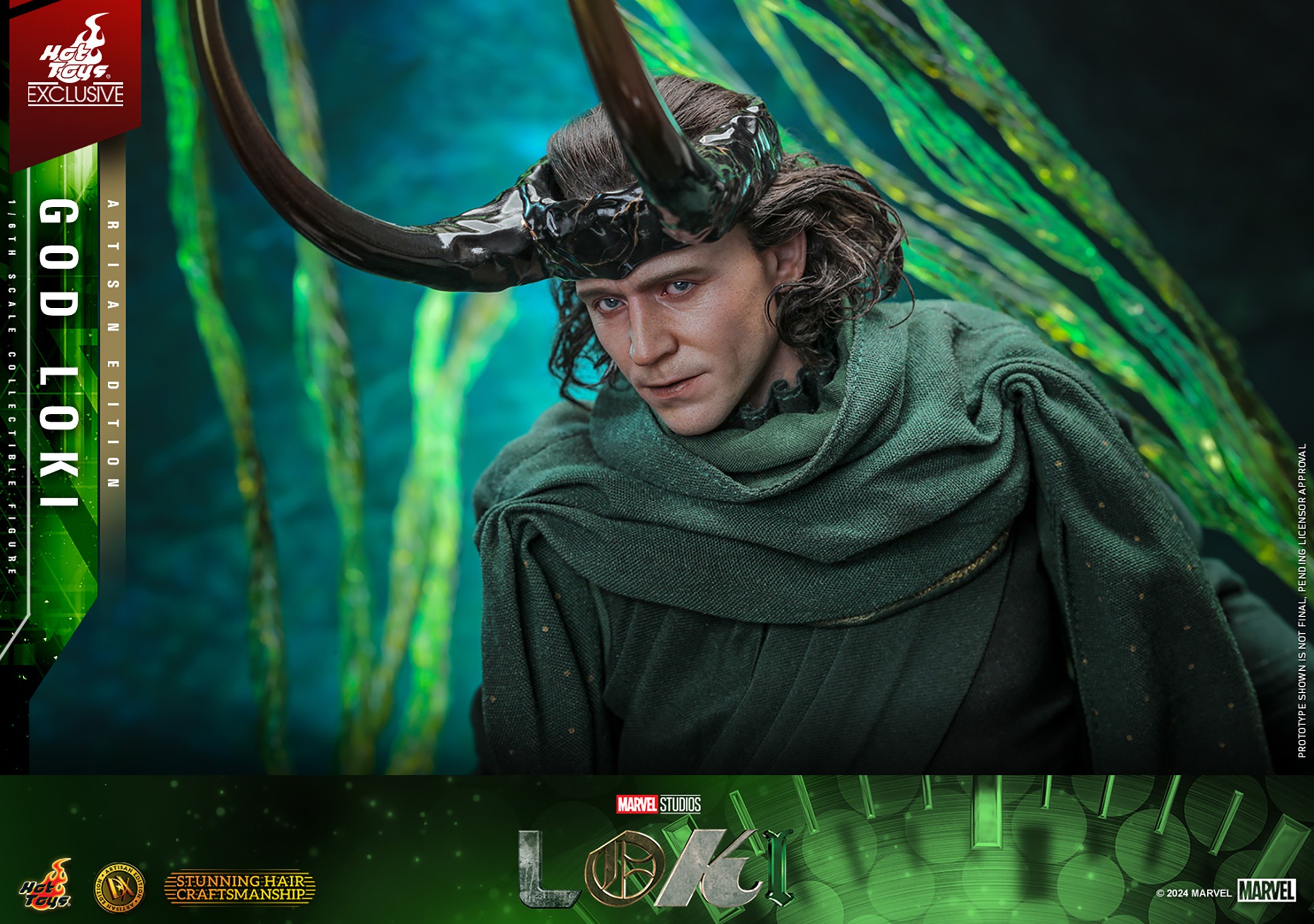 Left side view of God Loki, displaying his classic attire, detailed facial features, iconic horned helmet, and glowing timeline effects. (Prototype Shown) View 7