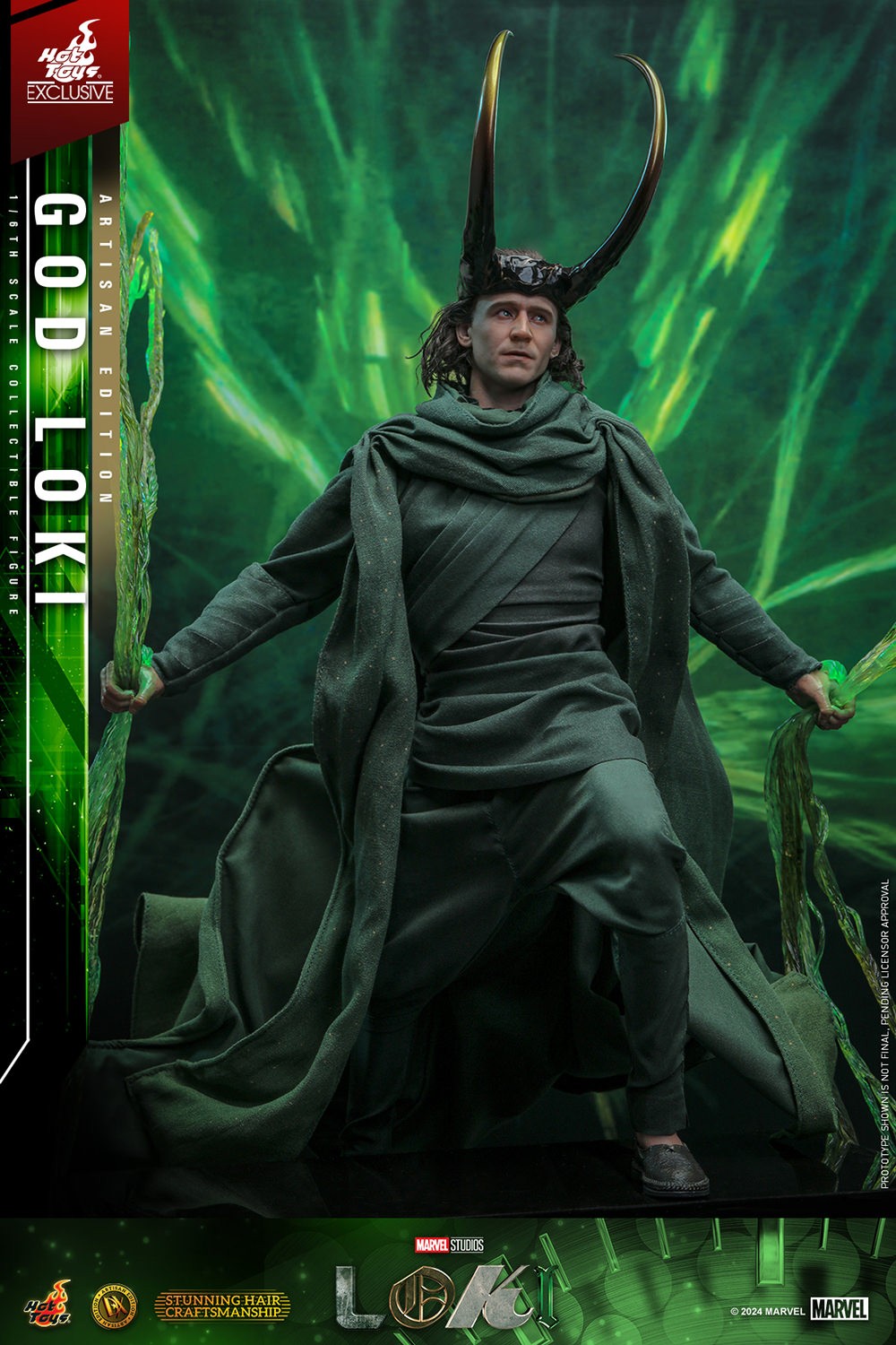God Loki stepping forward with left foot, wearing classic attire and horned helmet, holding timeline effects in hand. (Prototype Shown) View 12