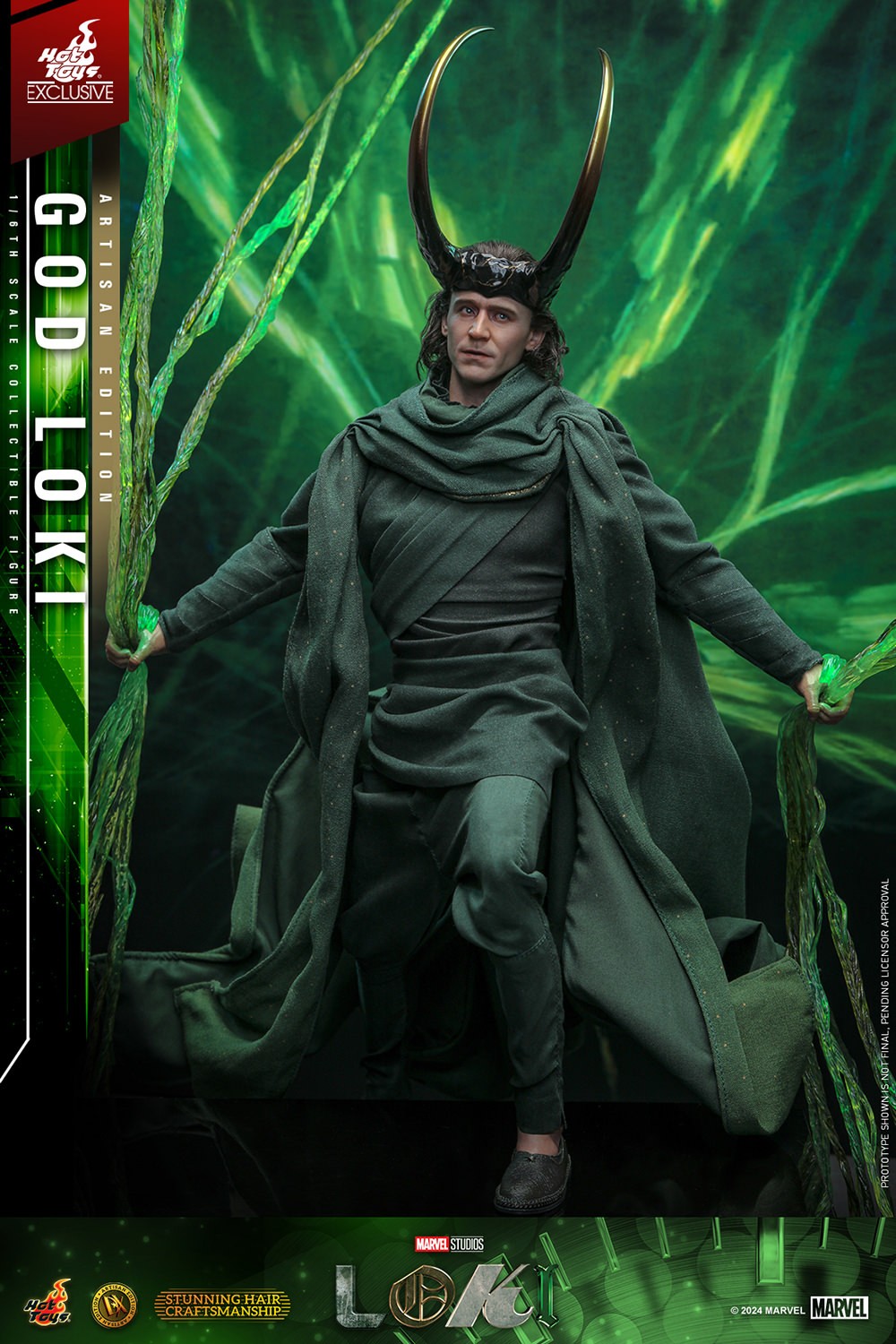 God Loki stepping forward with left foot, wearing classic attire and horned helmet, holding timeline effects in hand. (Prototype Shown) View 13