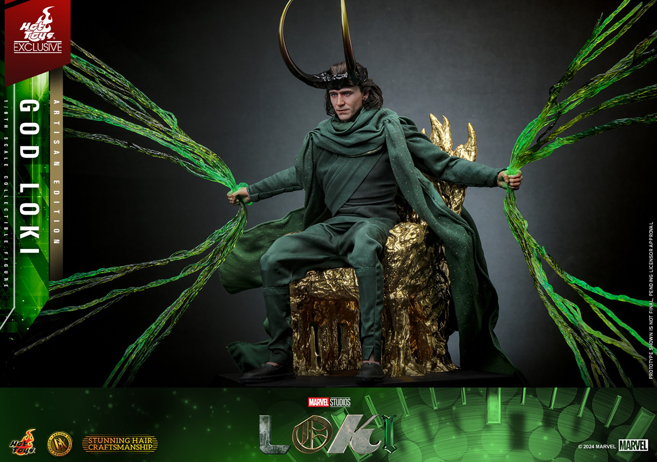 God Loki sitting on a gold throne, wearing his horned helmet, with timeline effects and translucent accents, showing a menacing expression. (Prototype Shown) View 15