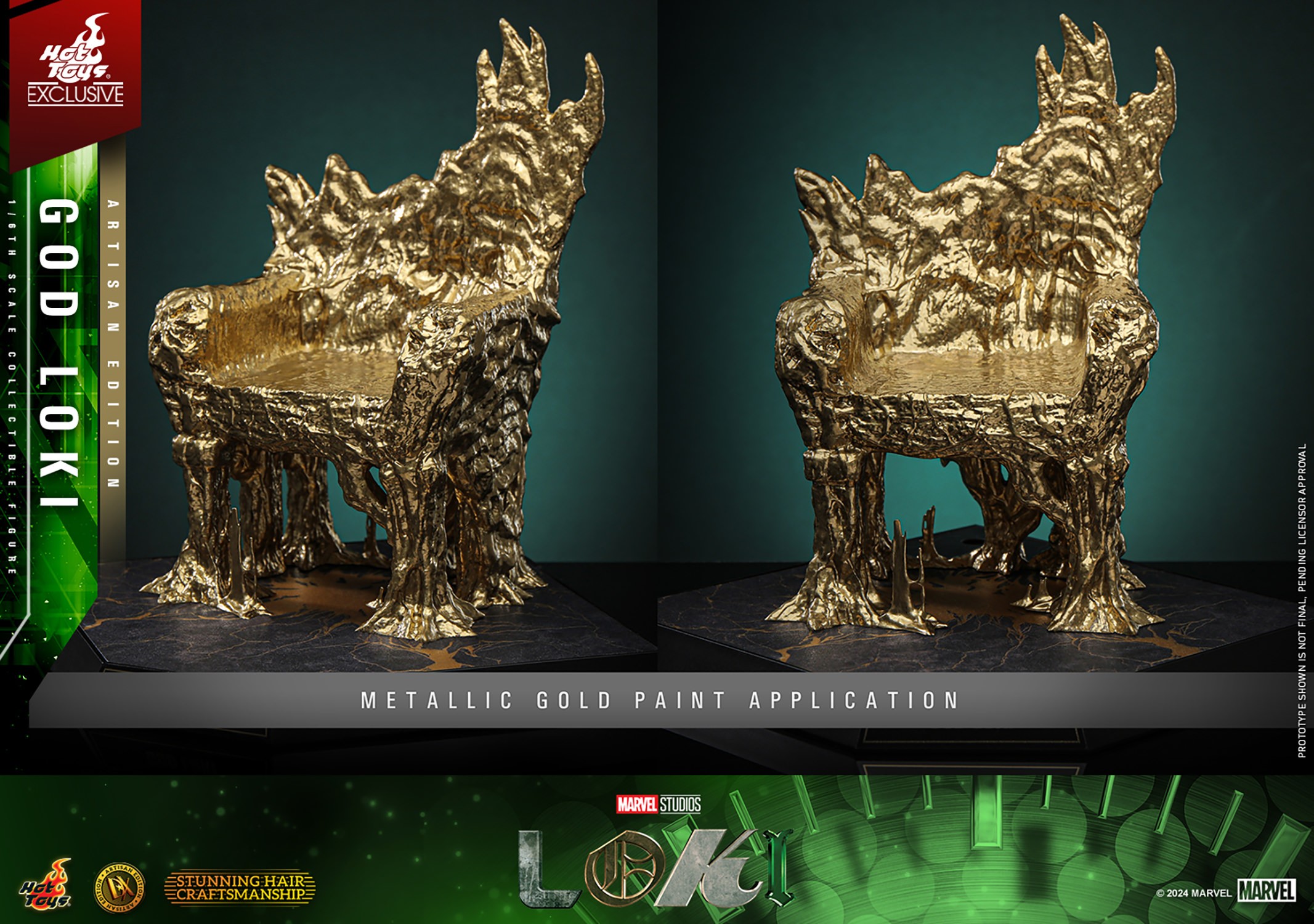 Front and back portraits of God Loki's throne showcasing intricate metallic gold paint details. (Prototype Shown) View 20