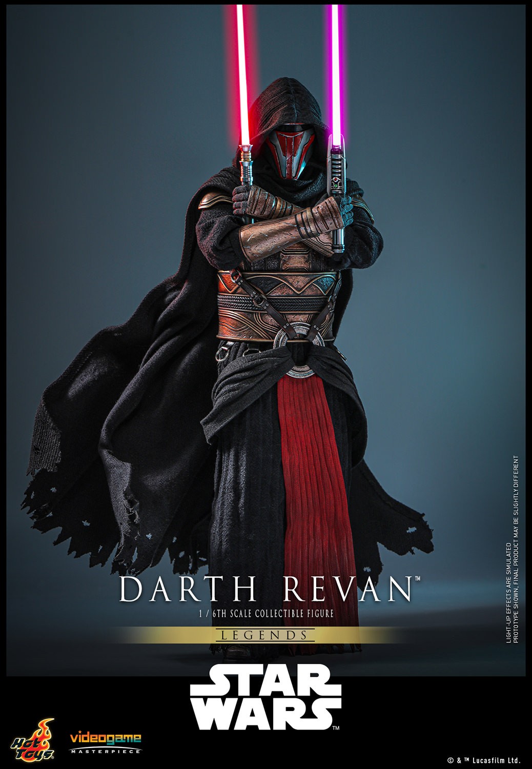 Right angle view of Darth Revan™ standing upright, crossing his arms in front of his chest while holding red and purple lightsabers vertically. Collector Edition (Prototype Shown) View 10