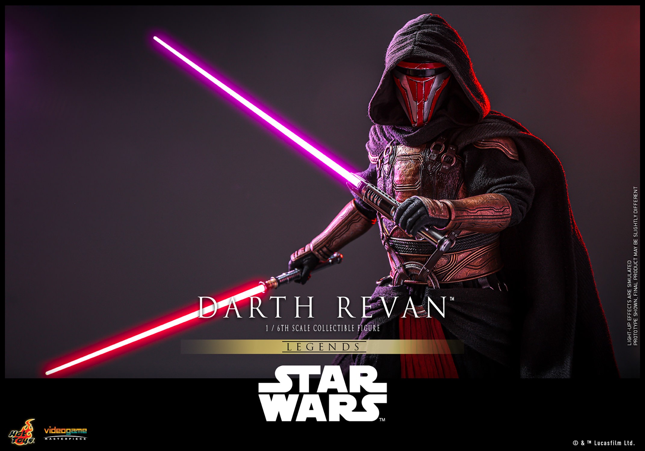 Left angle shot of Darth Revan™ with his gaze to the left, holding a purple lightsaber in his left hand and a red lightsaber in his right hand at different levels in front of his body. Collector Edition (Prototype Shown) View 16