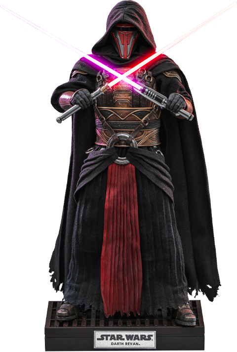 Full body shot of Darth Revan™ standing on a display base, crossing a red and purple lightsaber in front of his body. Collector Edition (Prototype Shown) View 20