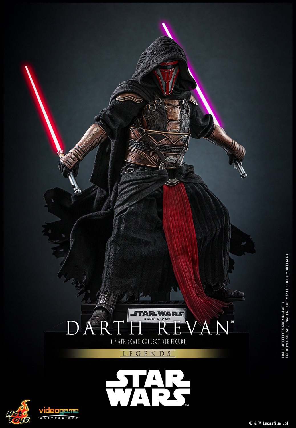 Full body shot of Darth Revan™ (Special Edition) in a wide stance with knees slightly bent, holding upside-down red and purple lightsabers, spread wide by his sides. Exclusive Edition (Prototype Shown) View 7