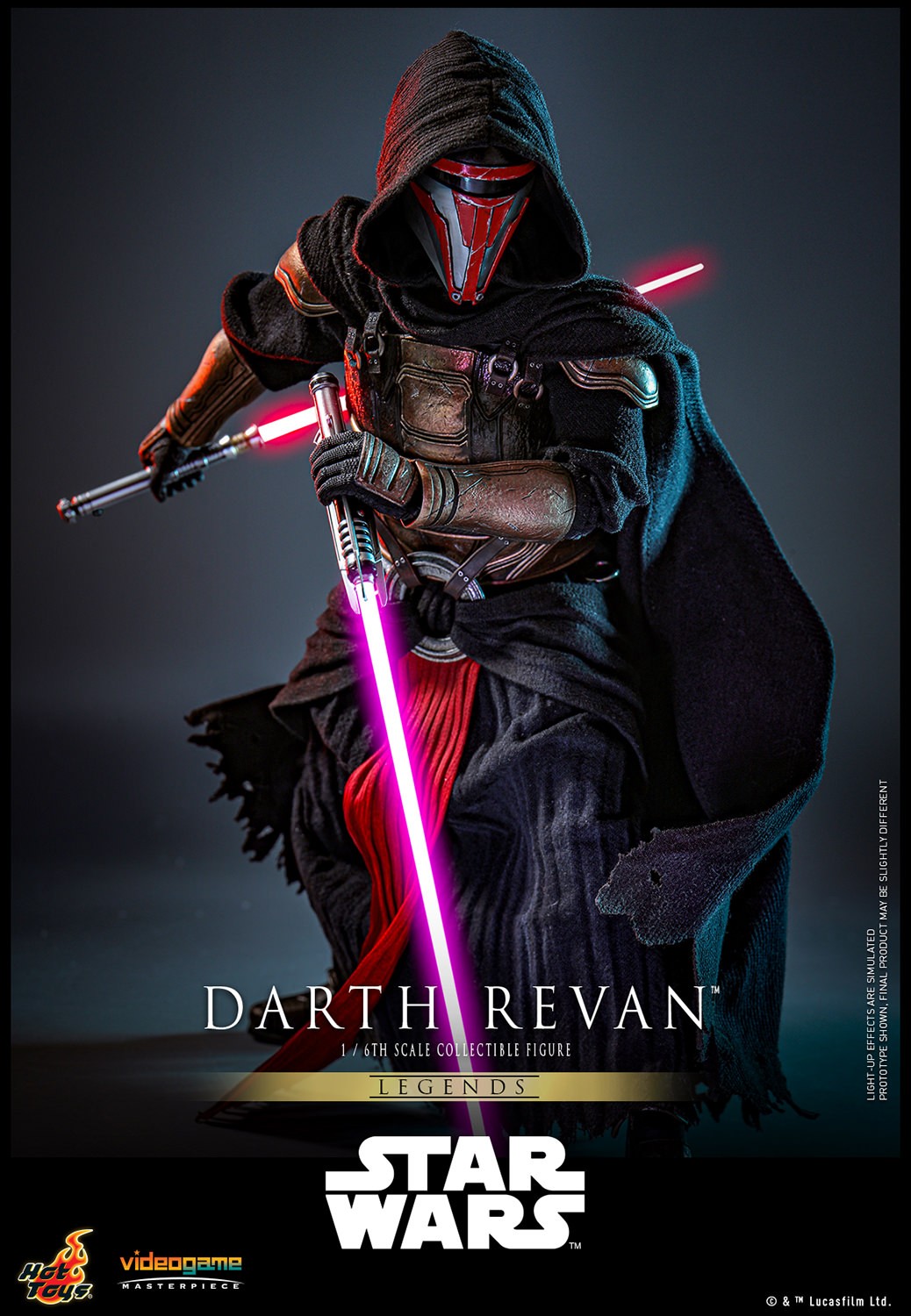 Full body shot of Darth Revan™ (Special Edition) bending forward, holding upsidedown red and purple lightsabers, with the purple saber in front and the red saber pulled back. Exclusive Edition (Prototype Shown) View 10