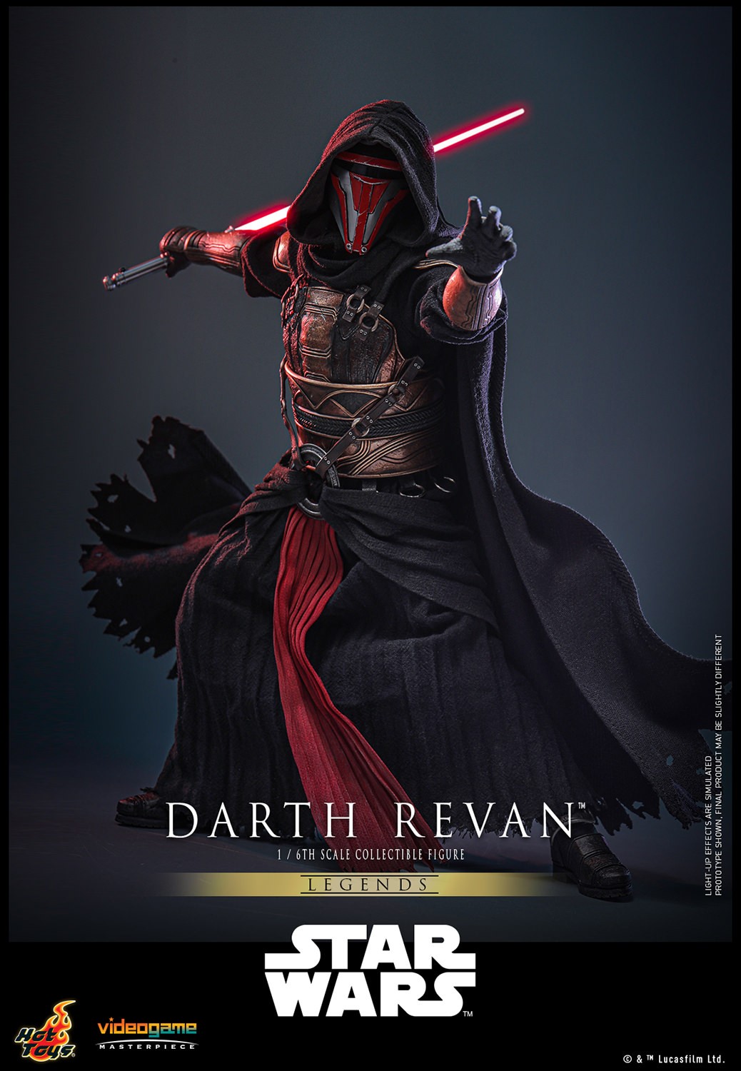 Full body shot of Darth Revan™ (Special Edition) in a wide stance, left leg forward, holding a red lightsaber in his right hand and left hand extended in front of his body. Exclusive Edition (Prototype Shown) View 11