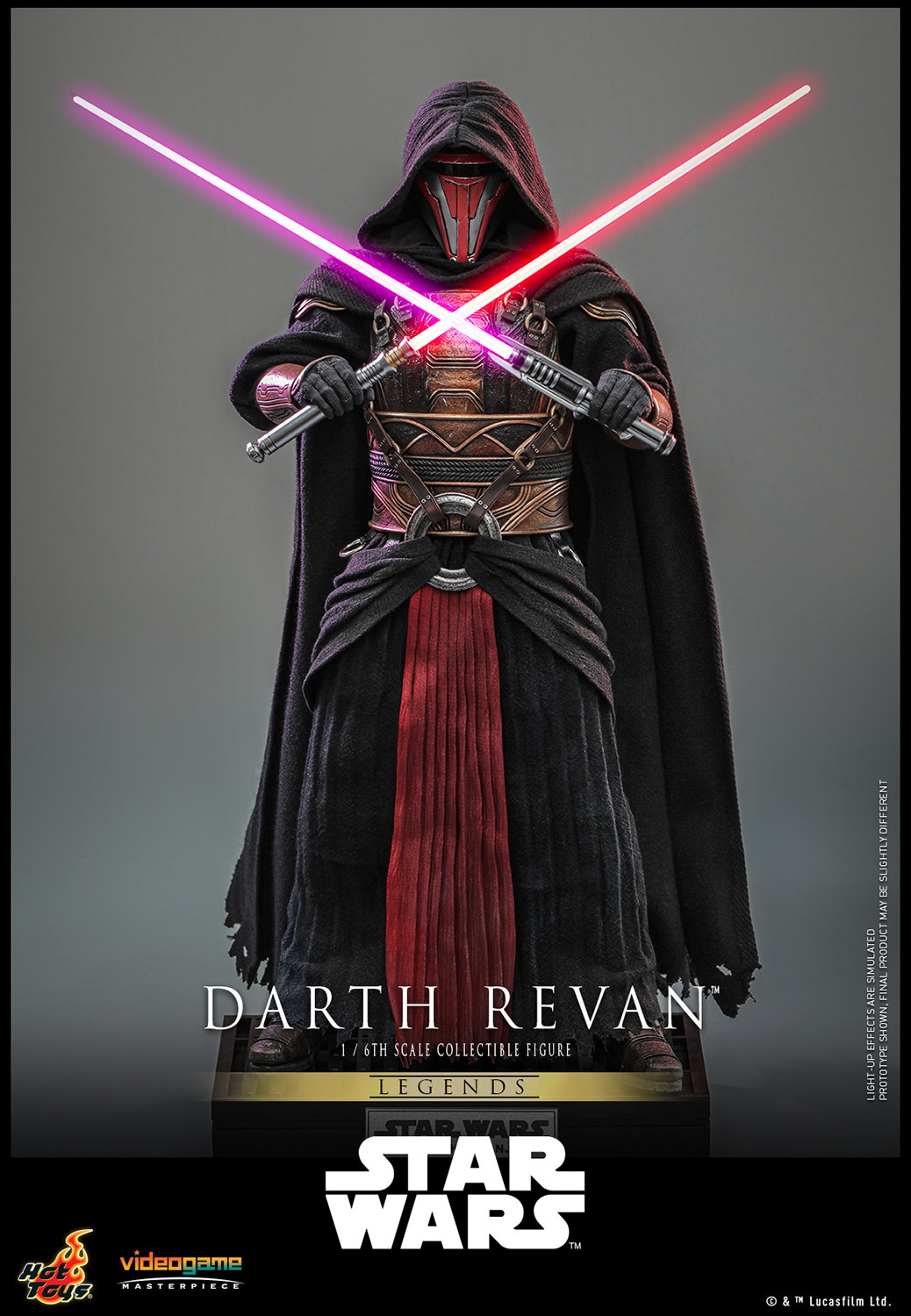 Full body shot of Darth Revan™ (Special Edition) standing on a display base, crossing a red and purple lightsaber in front of his body. Exclusive Edition (Prototype Shown) View 15