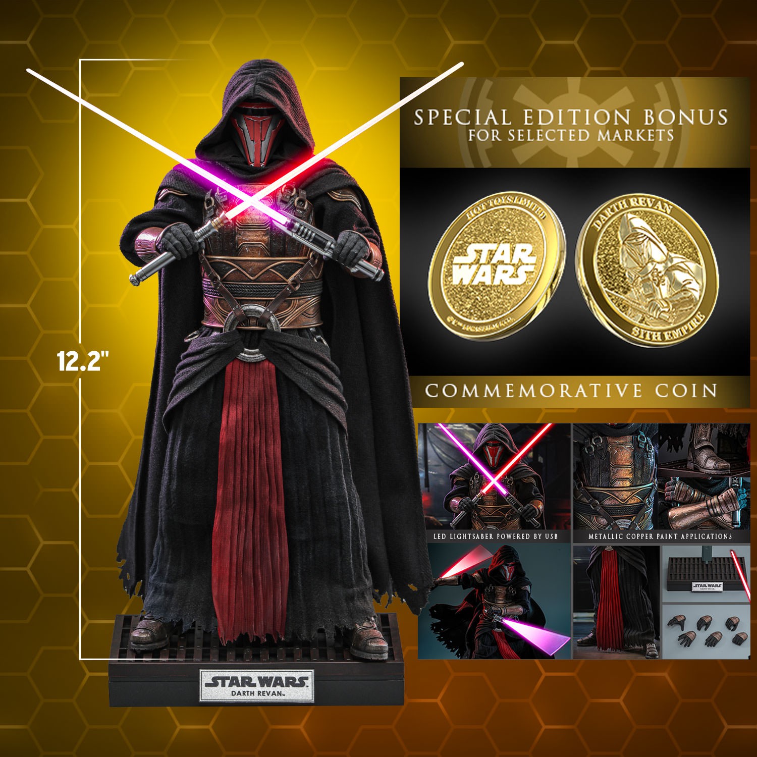 Full body shot of Darth Revan™ showcasing his scale, accompanied by portraits of the figure and contents of the box. Exclusive Edition (Prototype Shown) View 2
