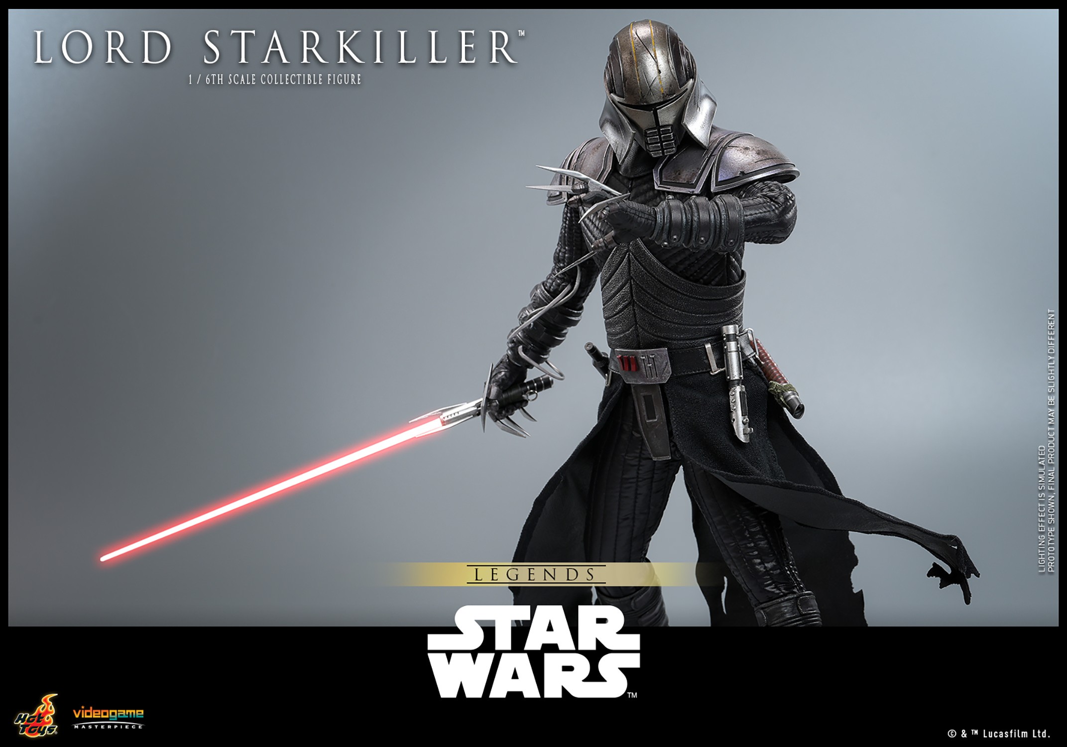 Half-body shot of Lord Starkiller™, holding a lightsaber at his right side, with his left hand across his chest and head slightly bowed. Collector Edition (Prototype Shown) View 14