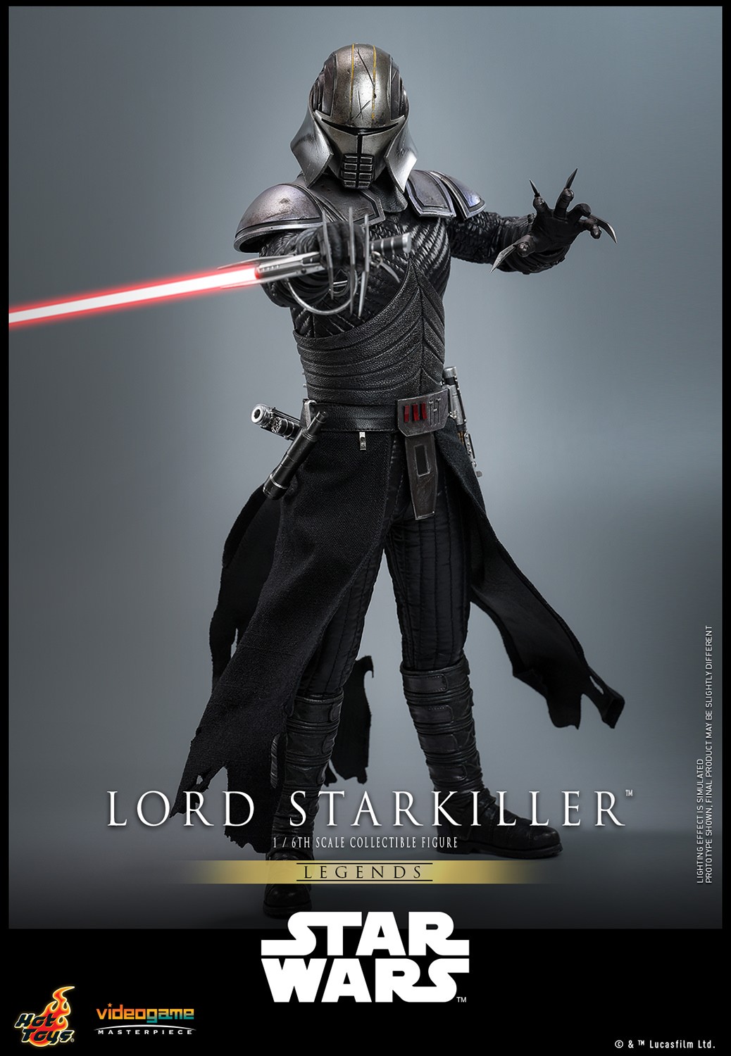 Full-body shot of Lord Starkiller™, holding a lightsaber backward in front of him with his right hand while gesturing forward with his left hand. Exclusive Edition (Prototype Shown) View 10