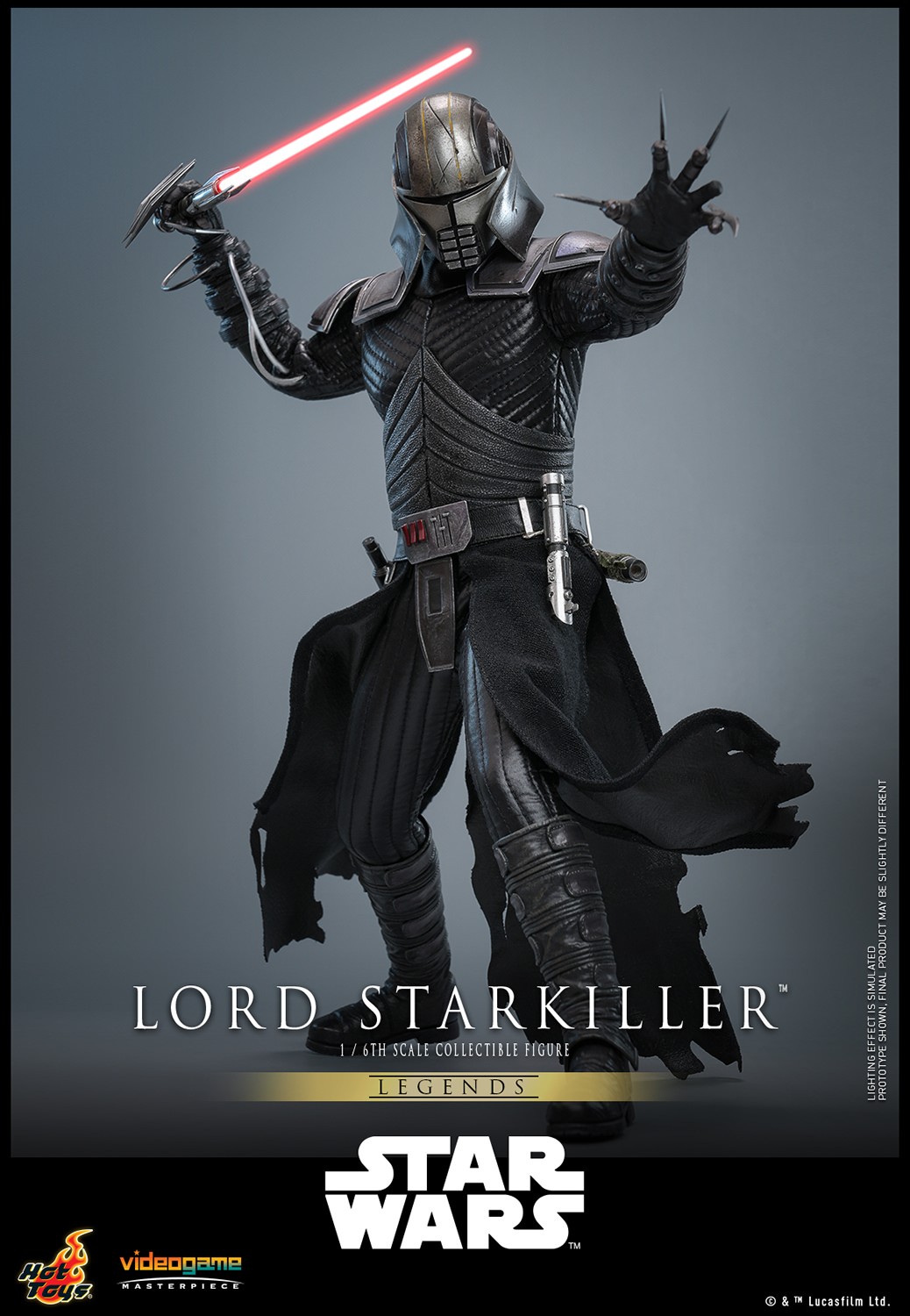 Full-body shot of Lord Starkiller™, lunging backward with a lightsaber held above his head in his right hand and his left palm extended forward. Exclusive Edition (Prototype Shown) View 11