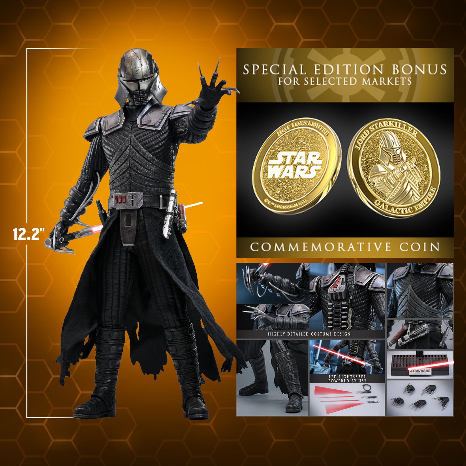 Full-body shot of Lord Starkiller™ showcasing the figure's scale, accompanied by smaller portraits detailing the included box contents. Exclusive Edition (Prototype Shown) View 2
