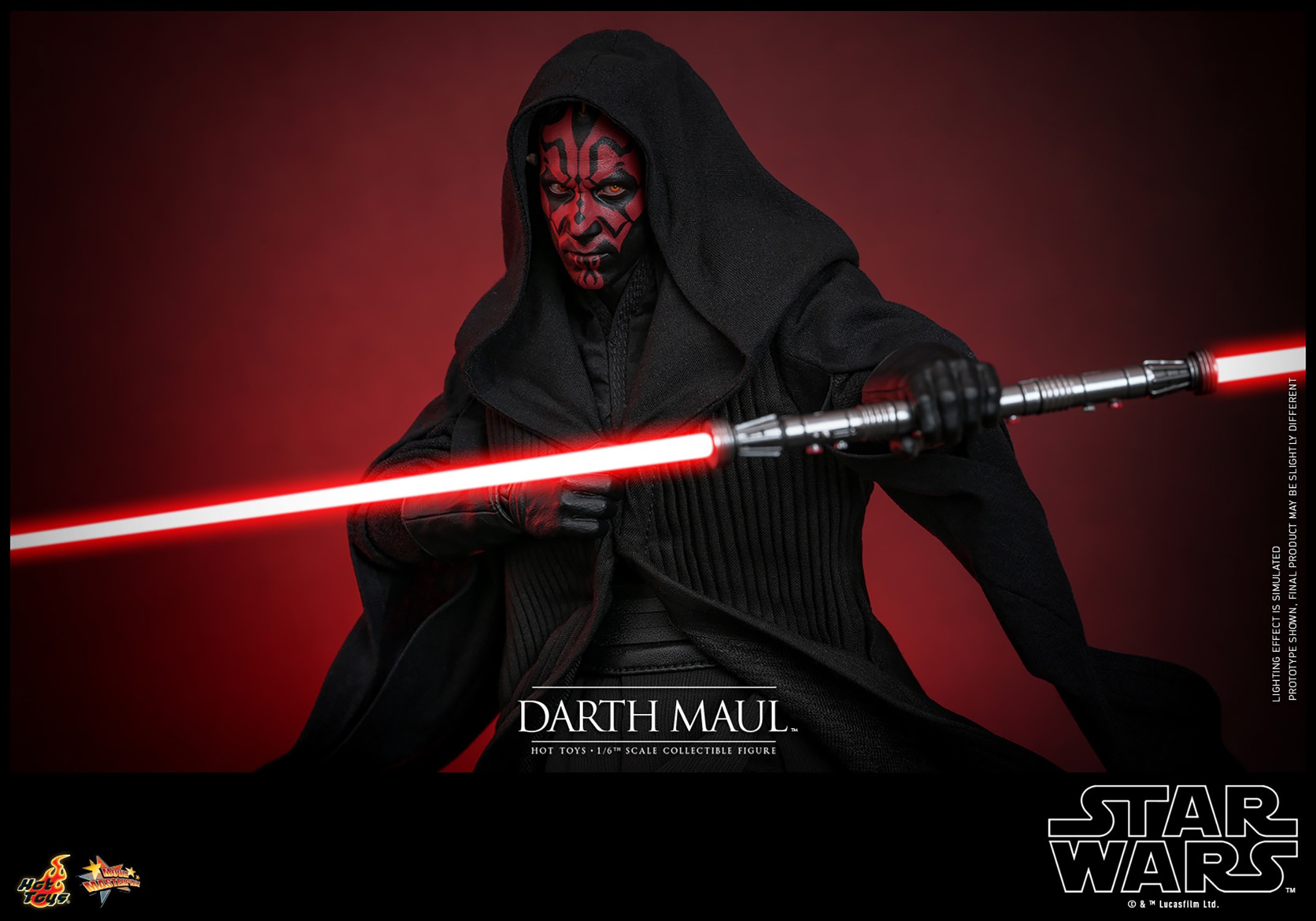 Half body shot of Darth Maul (Special Edition) in a black hooded robe, holding a dual lightsaber horizontally in his left hand in front of his torso, with a serious expression. (Prototype Shown) View 4