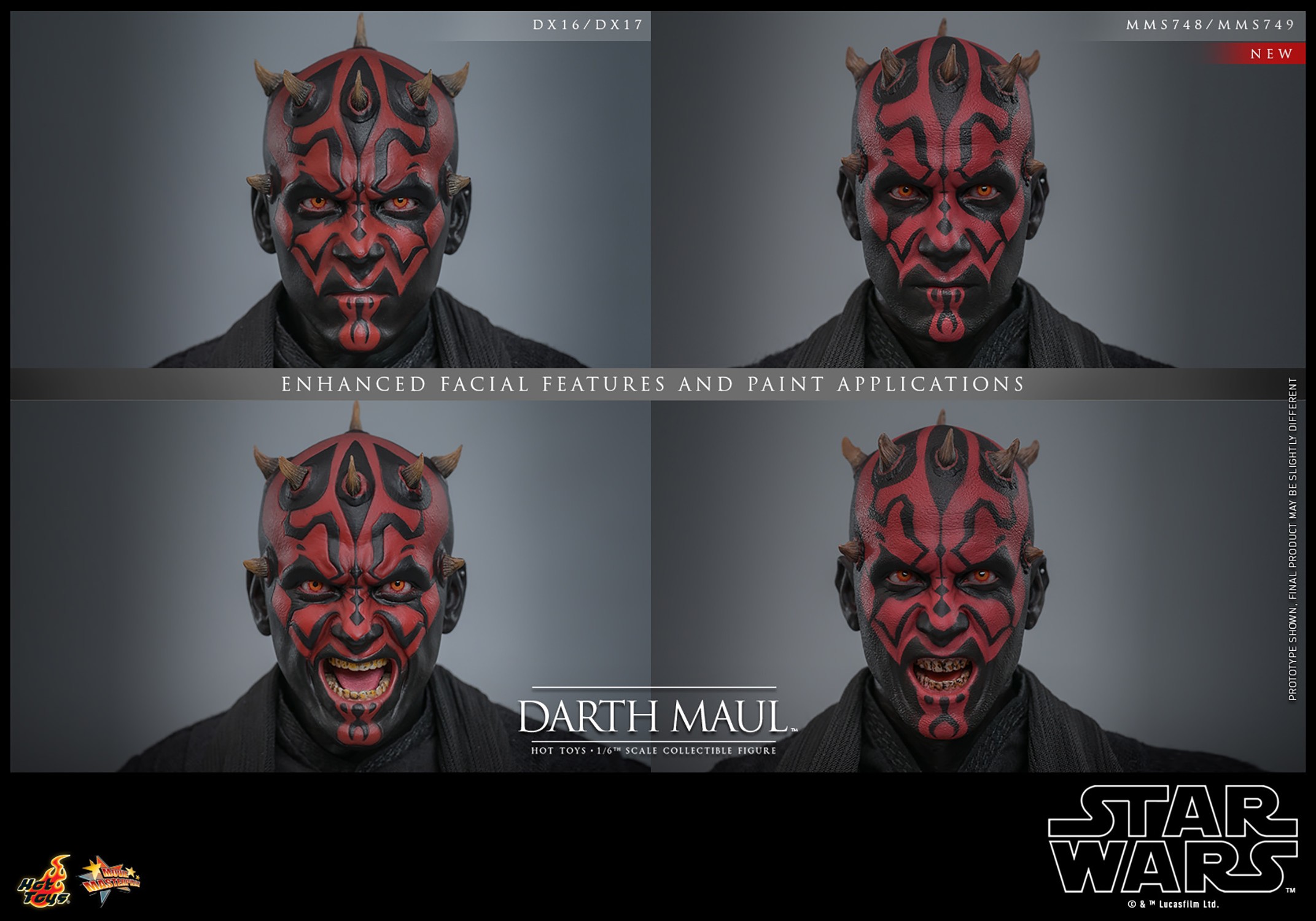 Four face portraits of Darth Maul (Special Edition) showcasing enhanced facial features and detailed red and black paint applications. (Prototype Shown) View 7