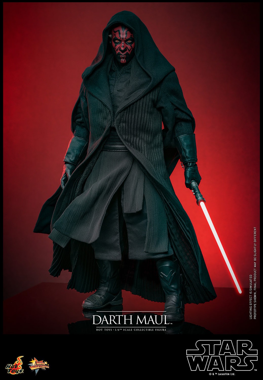 Full body shot of Darth Maul (Special Edition) in a wide stance, wearing a black hooded robe and holding a red single-blade lightsaber in his left hand. (Prototype Shown) View 8