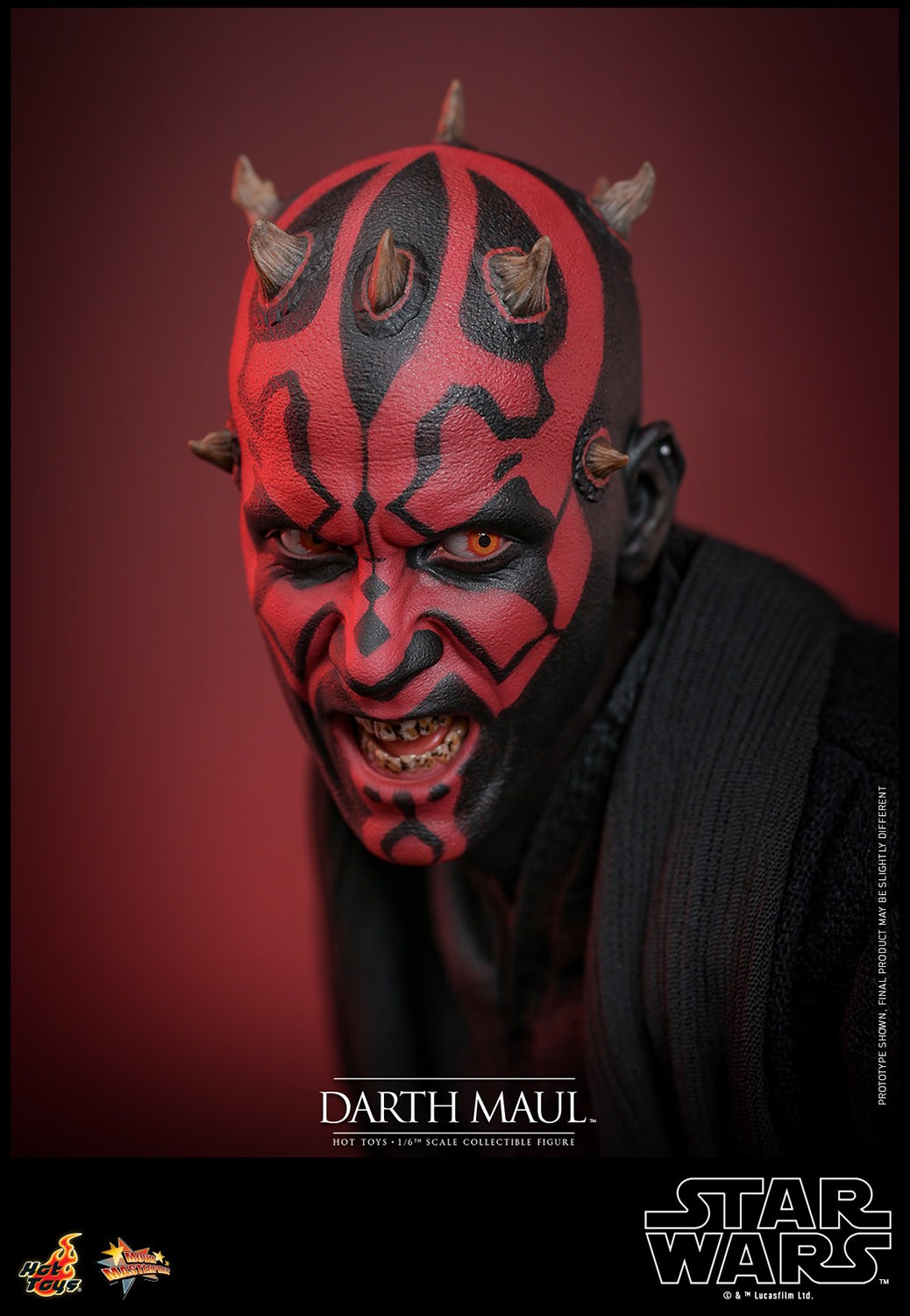 Close-up portrait of Darth Maul (Special Edition) showcasing his menacing face with red and black facial markings, yellow and black teeth, and deep red eye pupils. (Prototype Shown) View 13