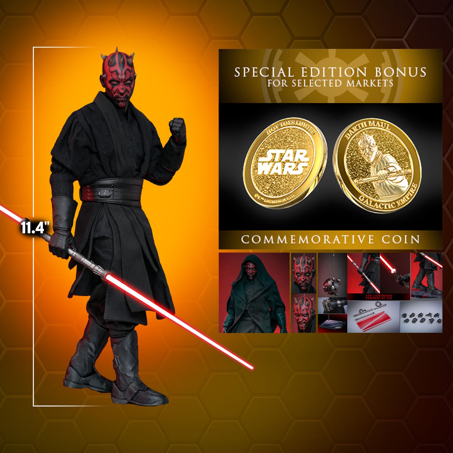 "Full body shot of Darth Maul (Special Edition) highlighting the figure's scale, with additional portraits showcasing the box contents and special edition commemorative coin." (Prototype Shown) View 2