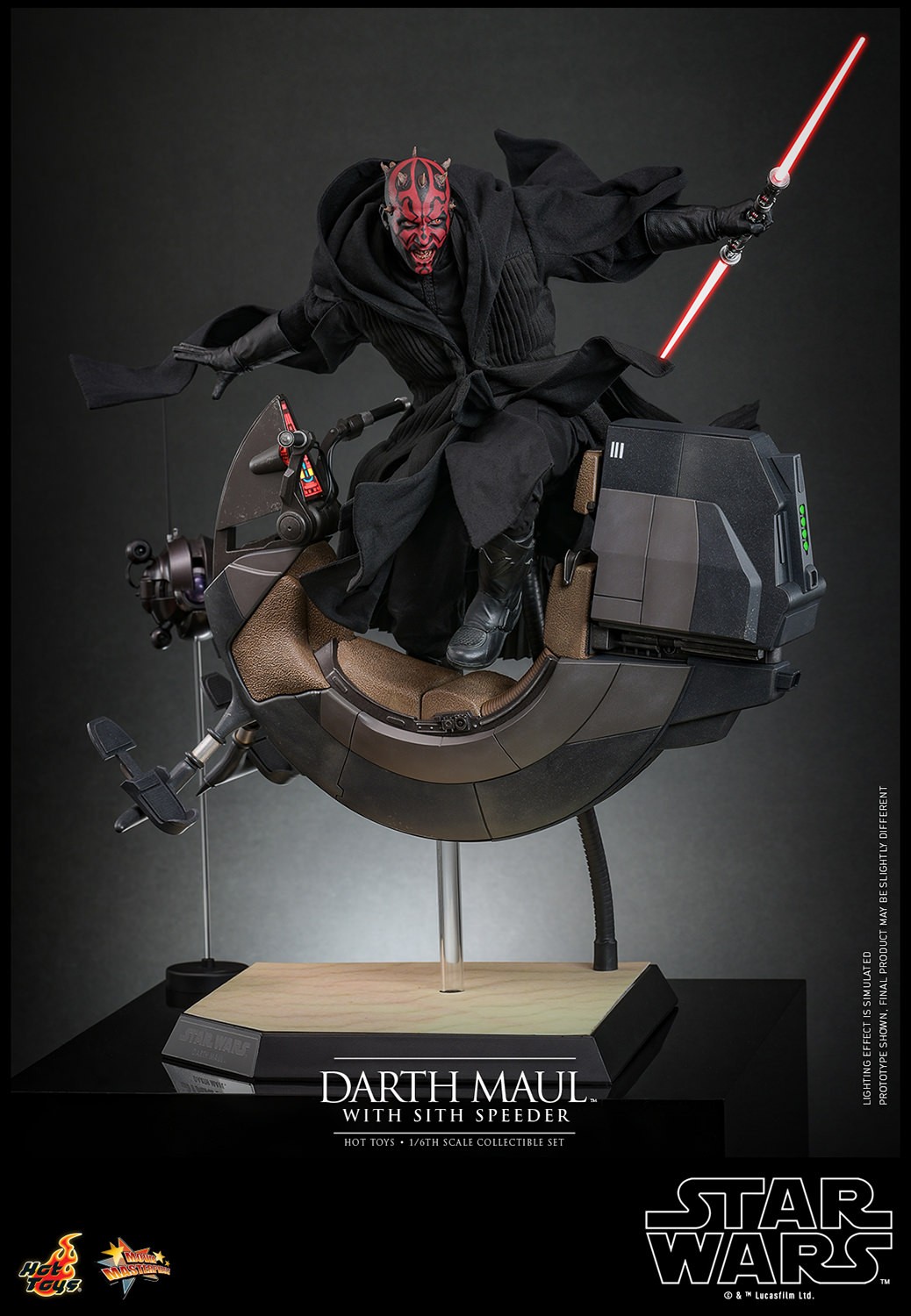 Darth Maul (Sith Speeder) on display, riding the Sith Speeder with dual lightsaber in hand, wearing a hooded robe and menacing expression. Collector Edition (Prototype Shown) View 1